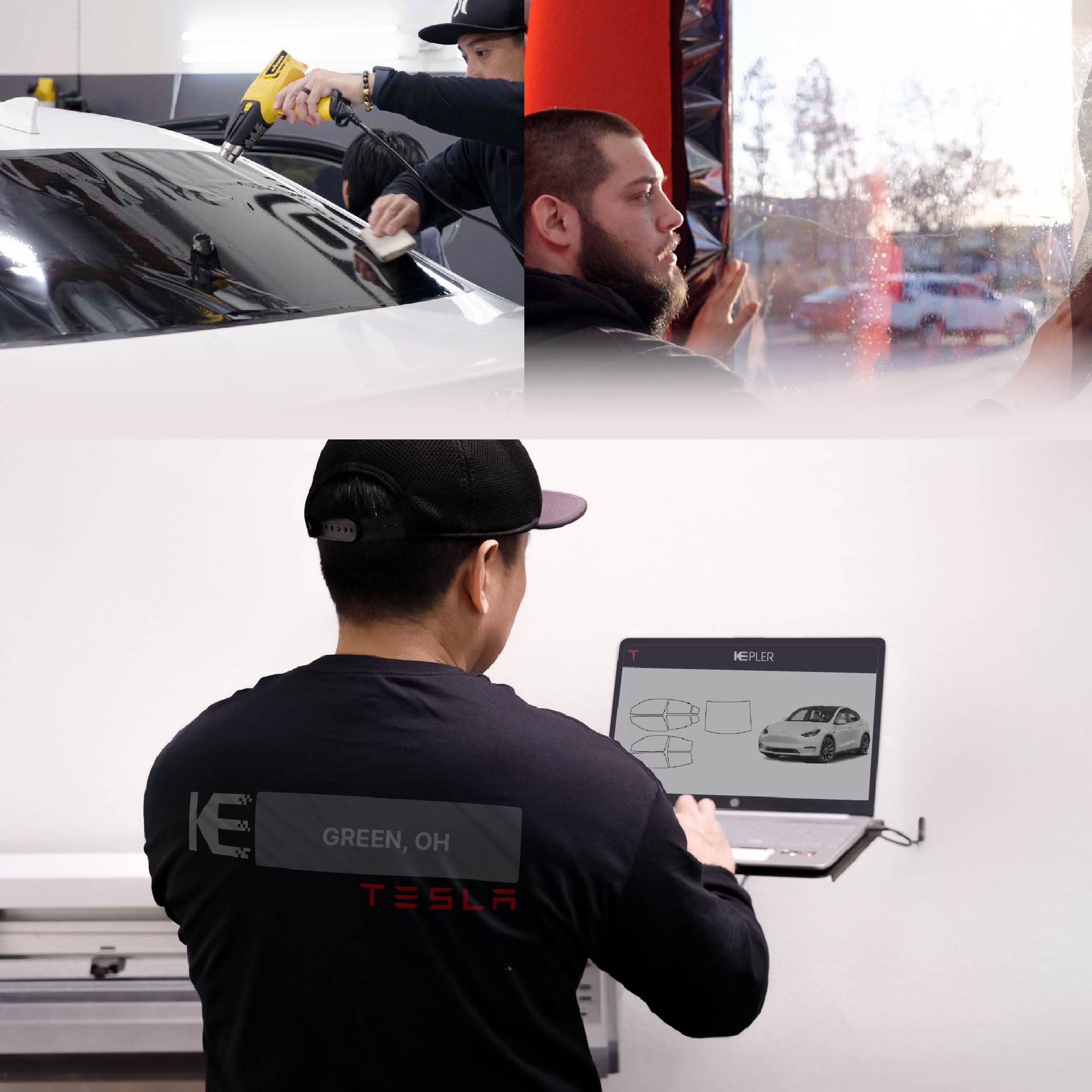 Expert Technician Installing Advanced Window Tint to Tesla in Green