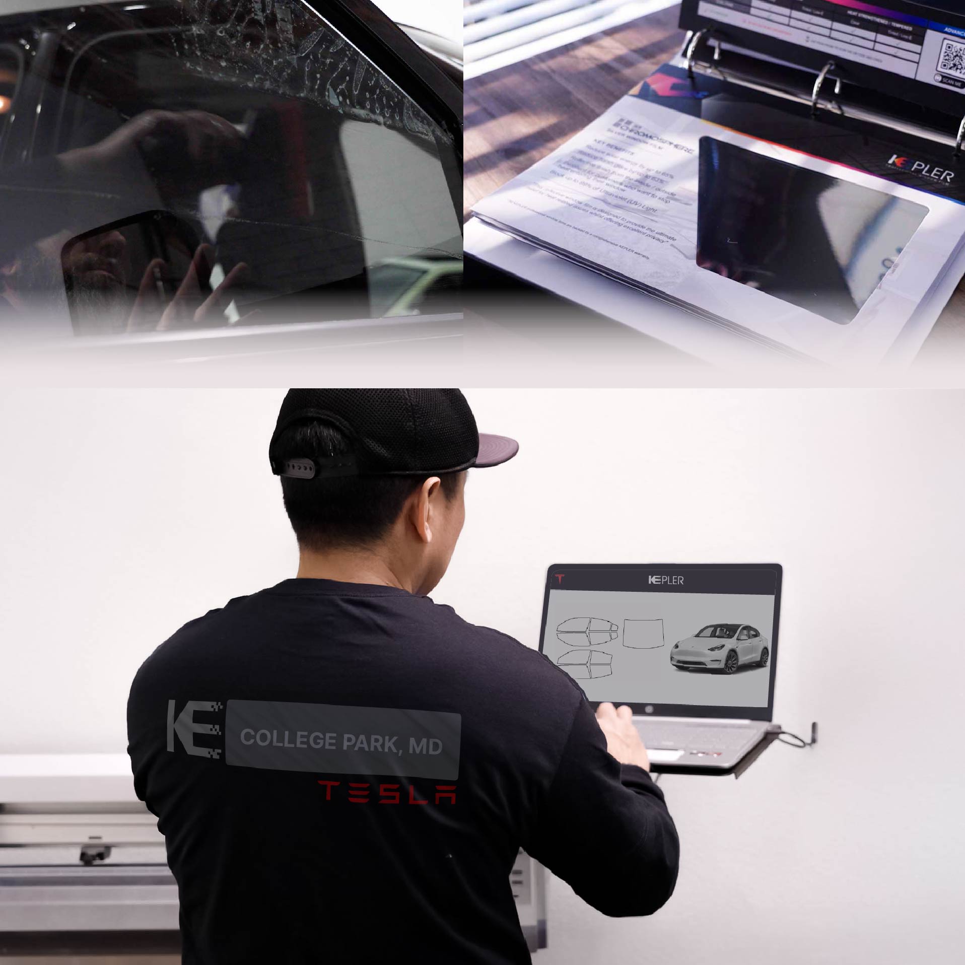 Expert Technician Applying High-tech Window Tint to Tesla in College Park