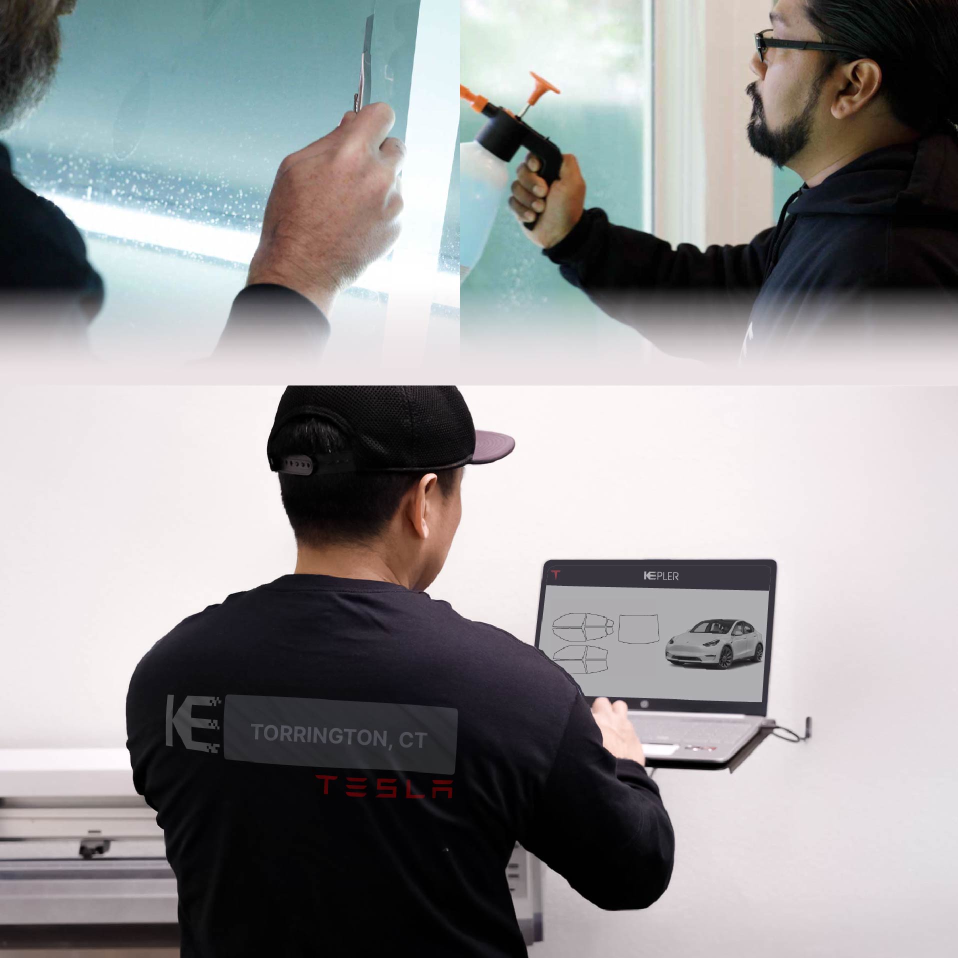 Expert Technician Fitting Ceramic Window Tint to Tesla in Torrington