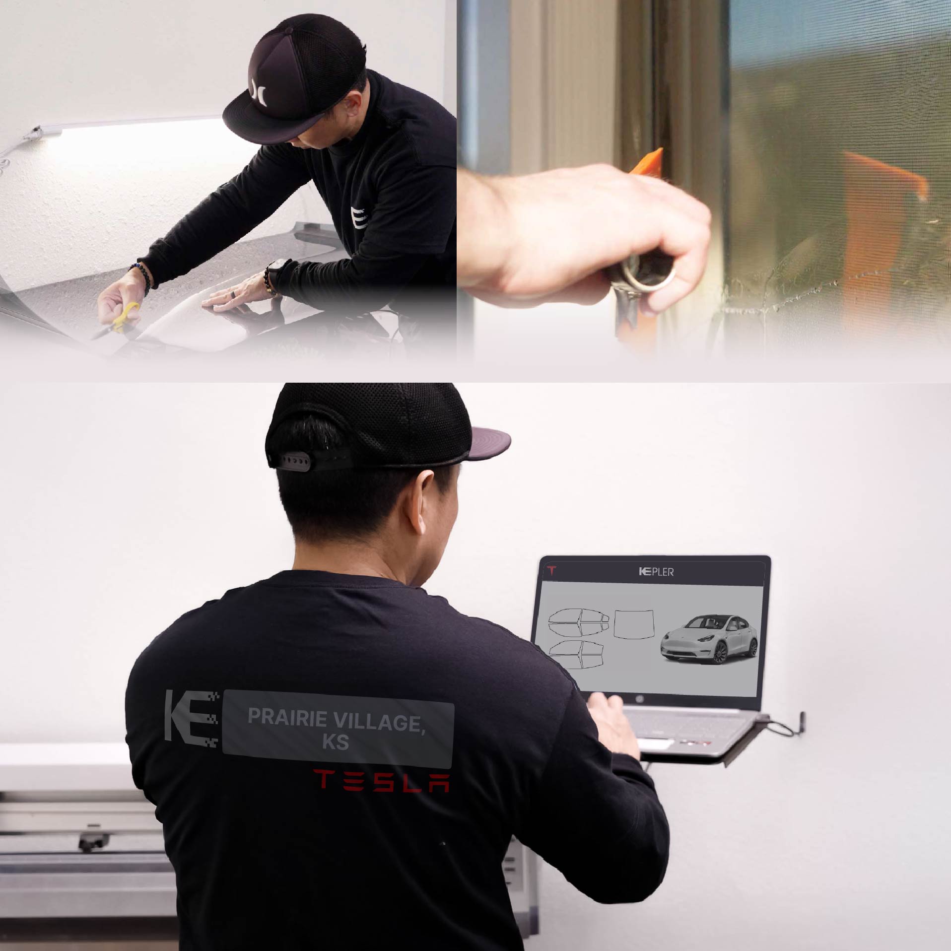Expert Technician Fitting Ceramic Window Tint to Tesla in Prairie Village