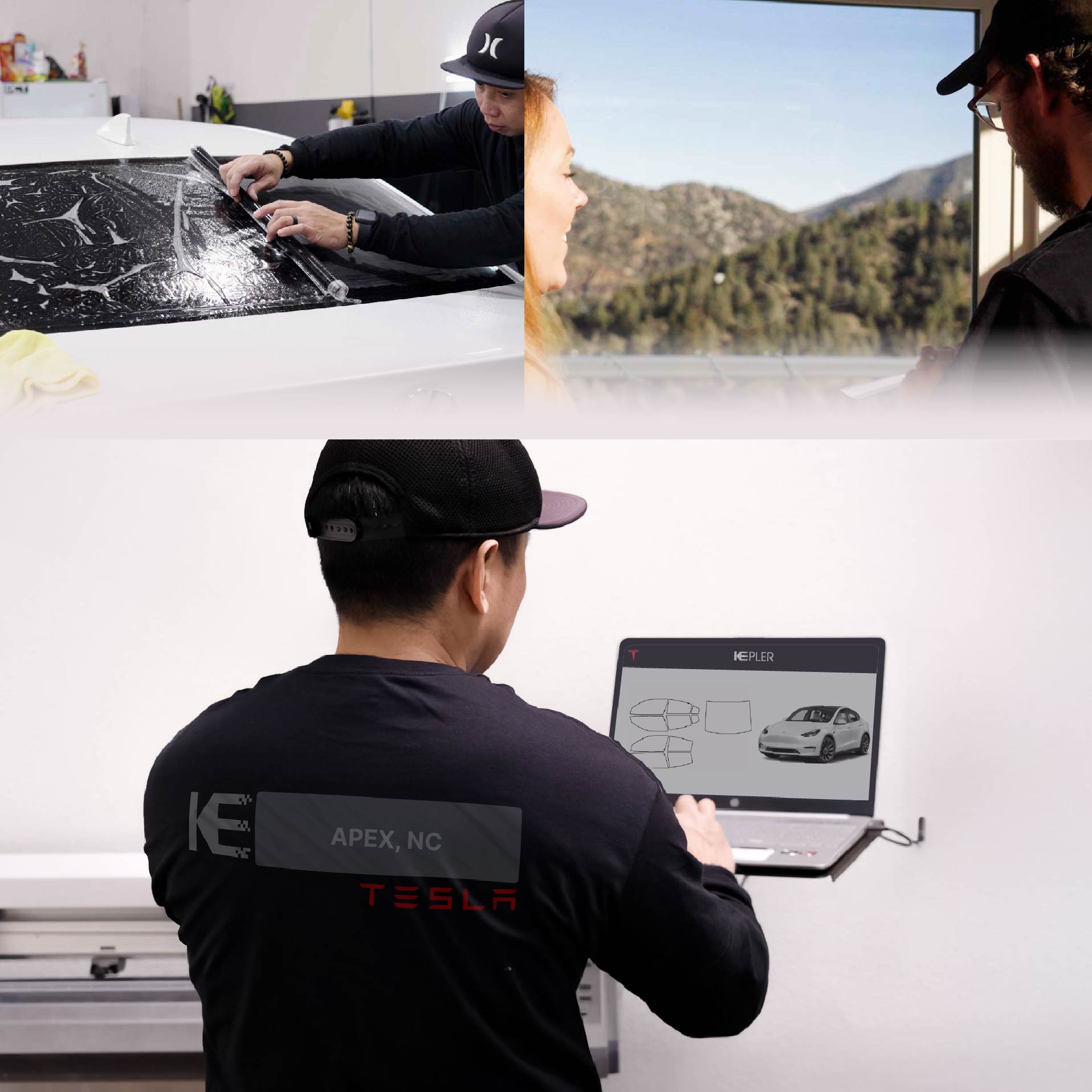 Kepler Technician Fitting Ceramic Window Tint to Tesla in Apex