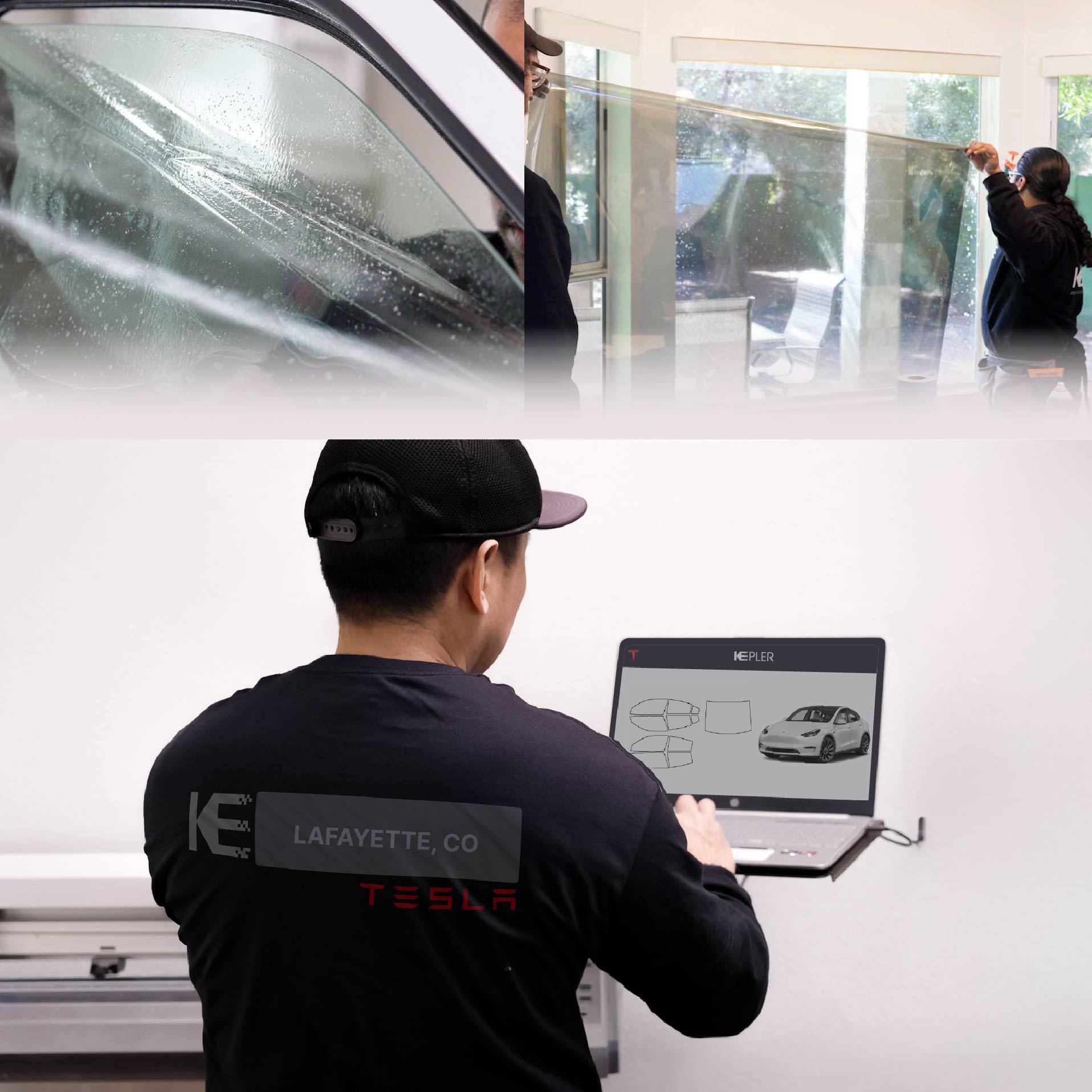 Kepler Technician Applying High-tech Window Tint to Tesla in Lafayette