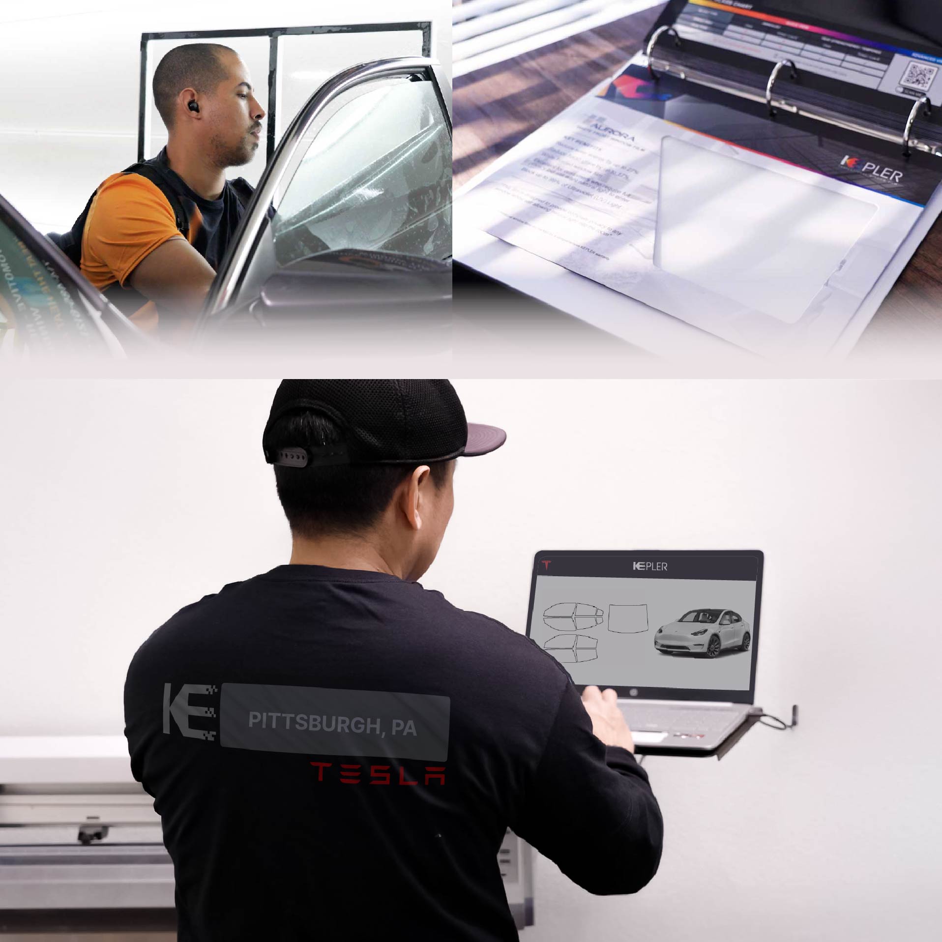 Expert Technician Fitting Advanced Window Tint to Tesla in Pittsburgh