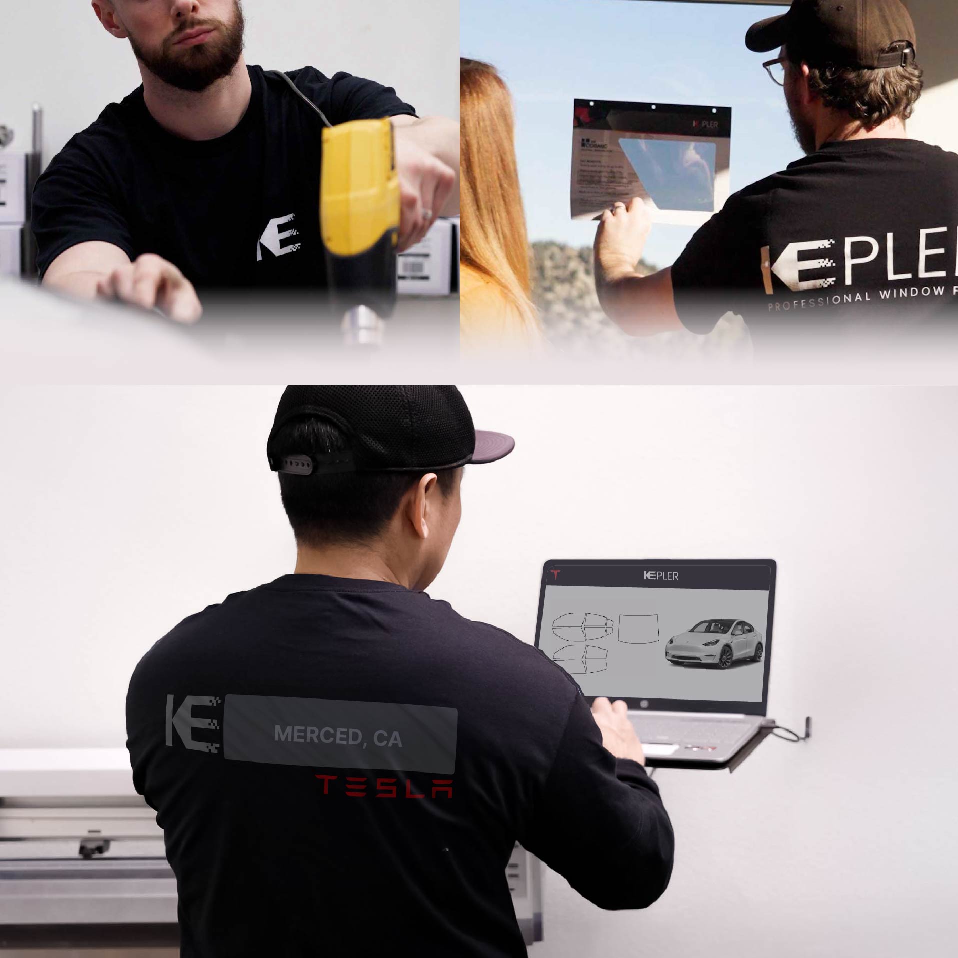 Kepler Technician Fitting Advanced Window Tint to Tesla in Merced