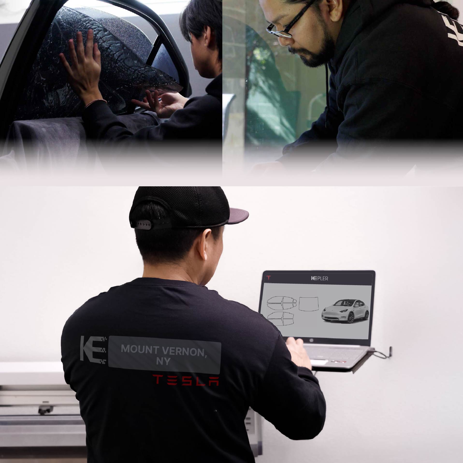 Expert Technician Applying High-tech Window Tint to Tesla in Mount Vernon