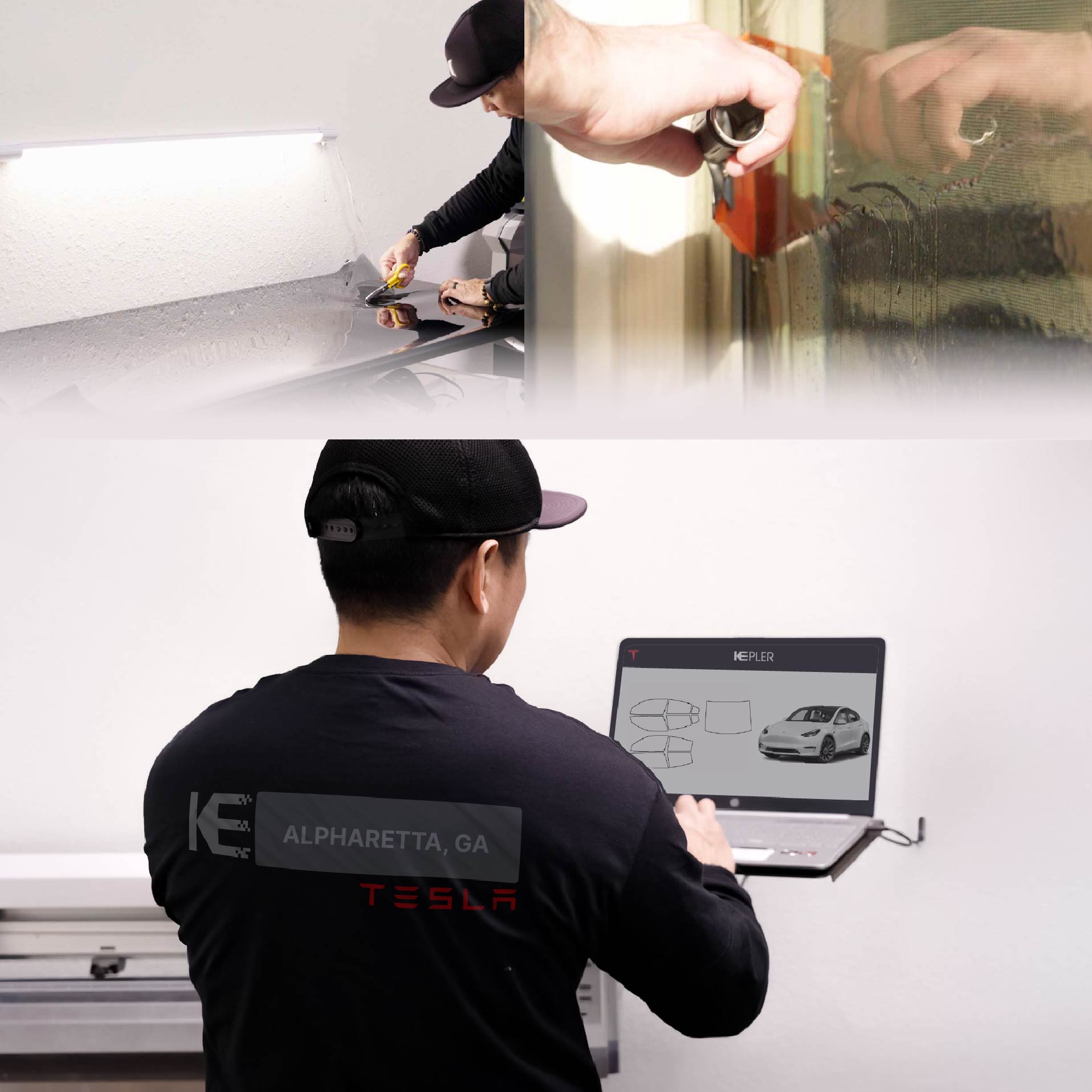 Kepler Technician Applying Advanced Window Tint to Tesla in Alpharetta