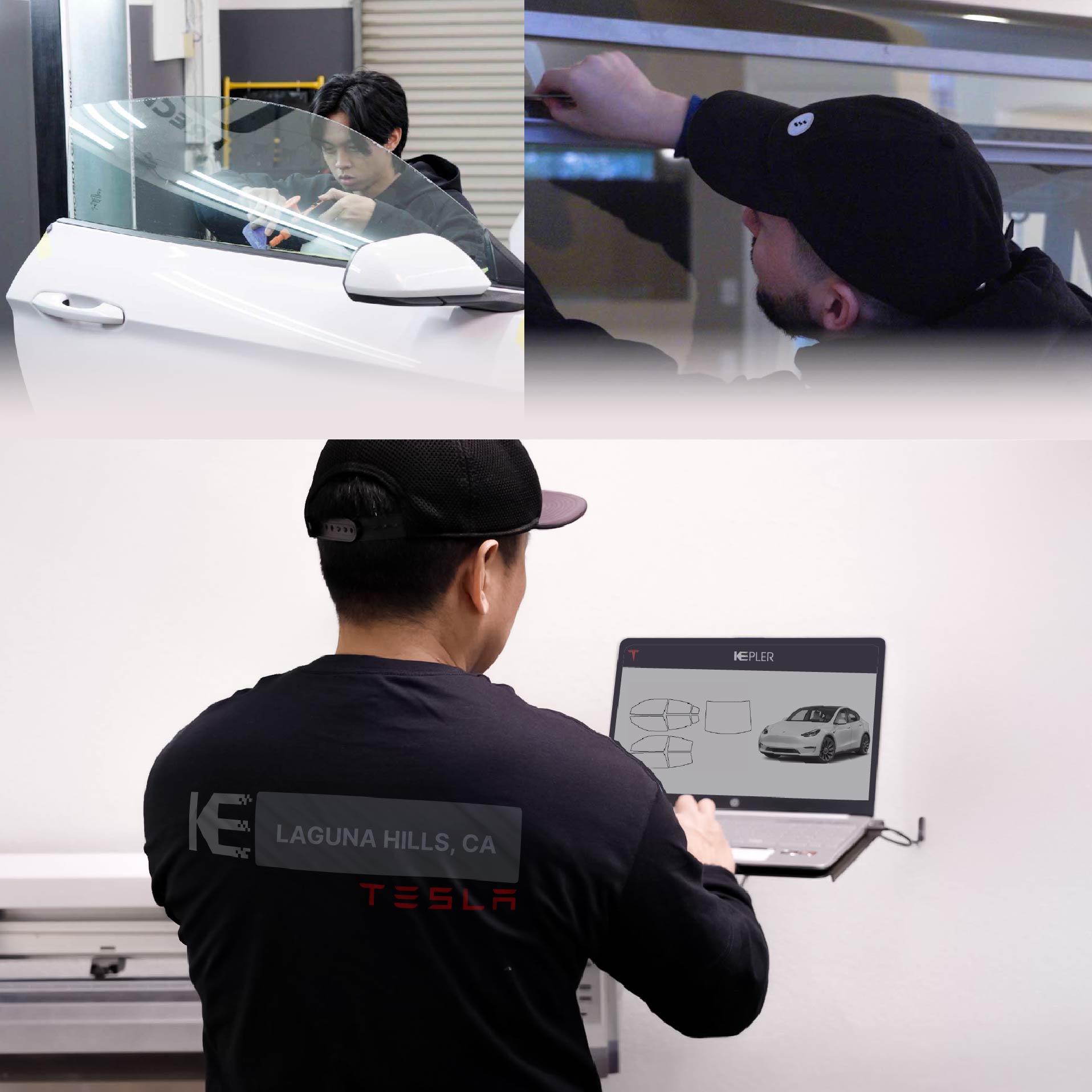 Expert Technician Fitting Ceramic Window Tint to Tesla in Laguna Hills