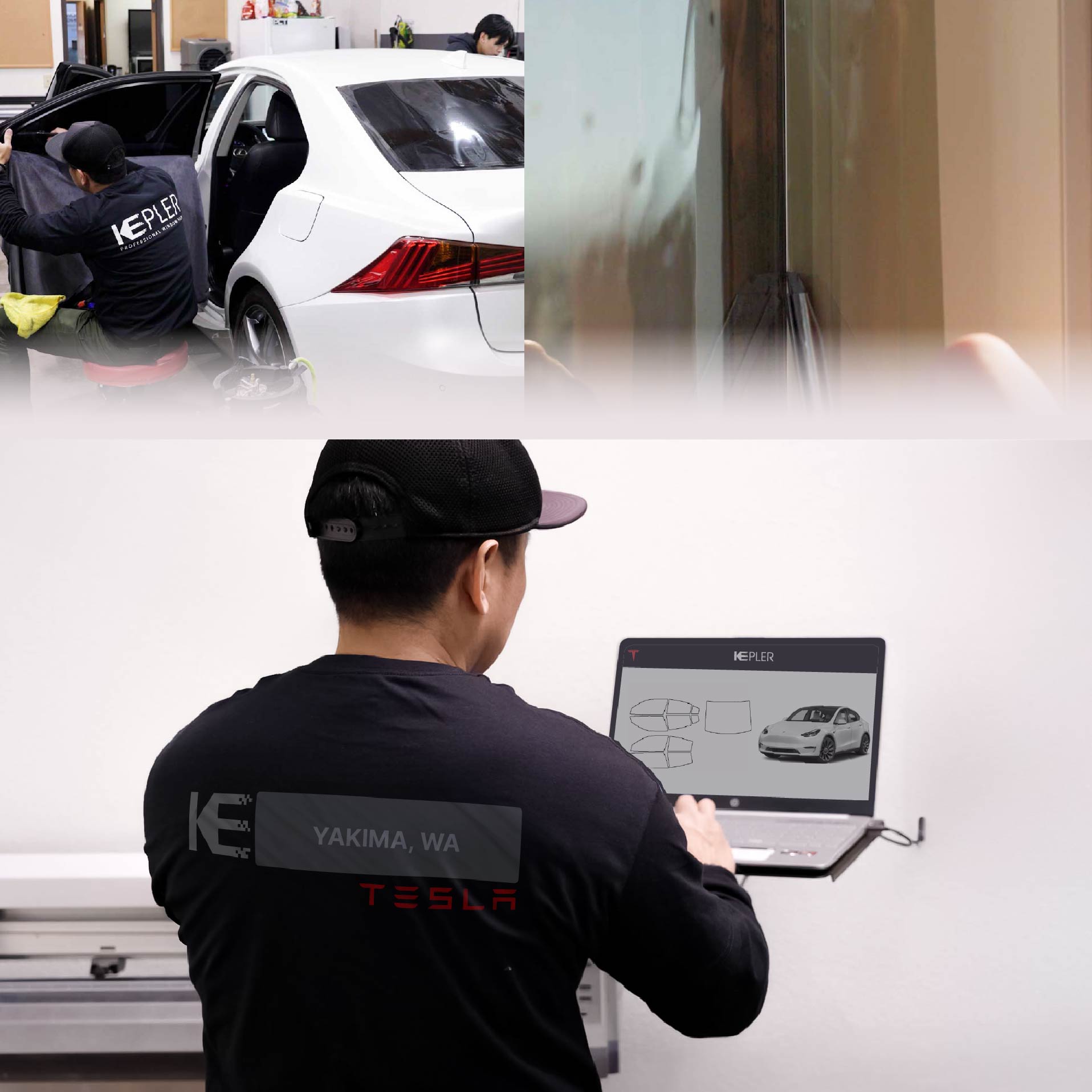 Expert Technician Fitting High-tech Window Tint to Tesla in Yakima