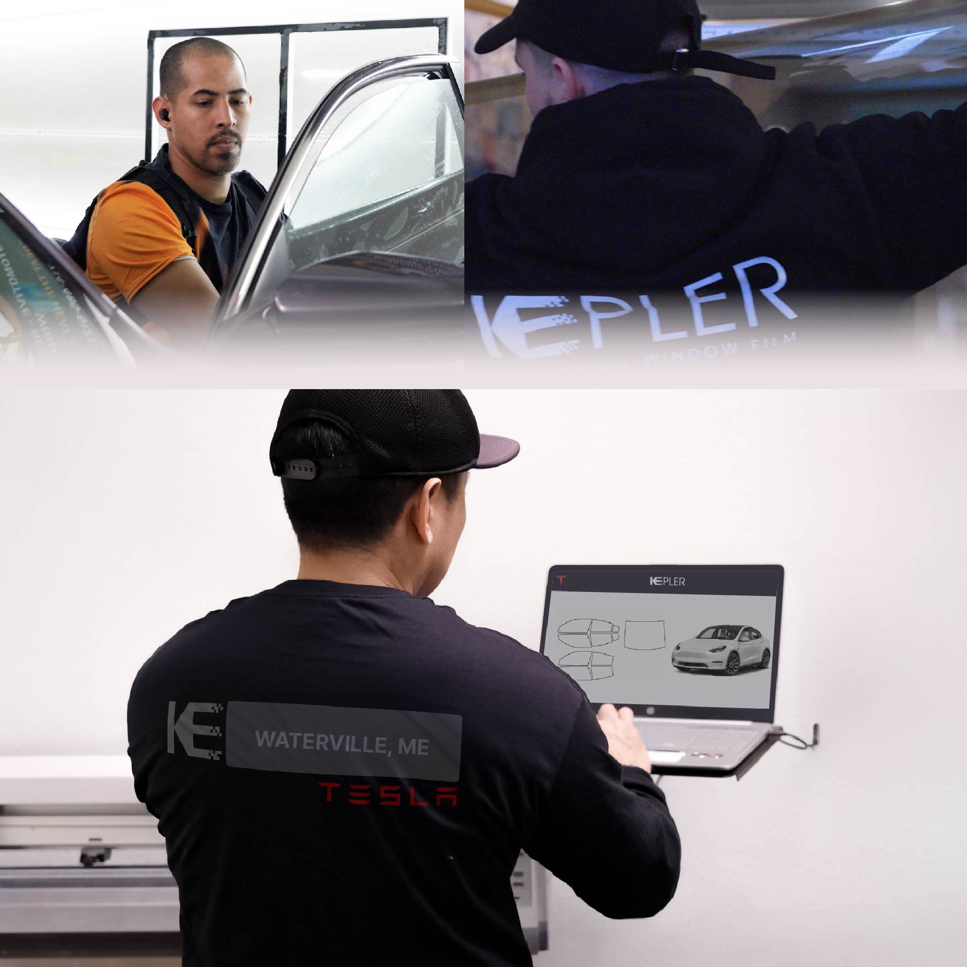Kepler Technician Installing High-tech Window Tint to Tesla in Waterville