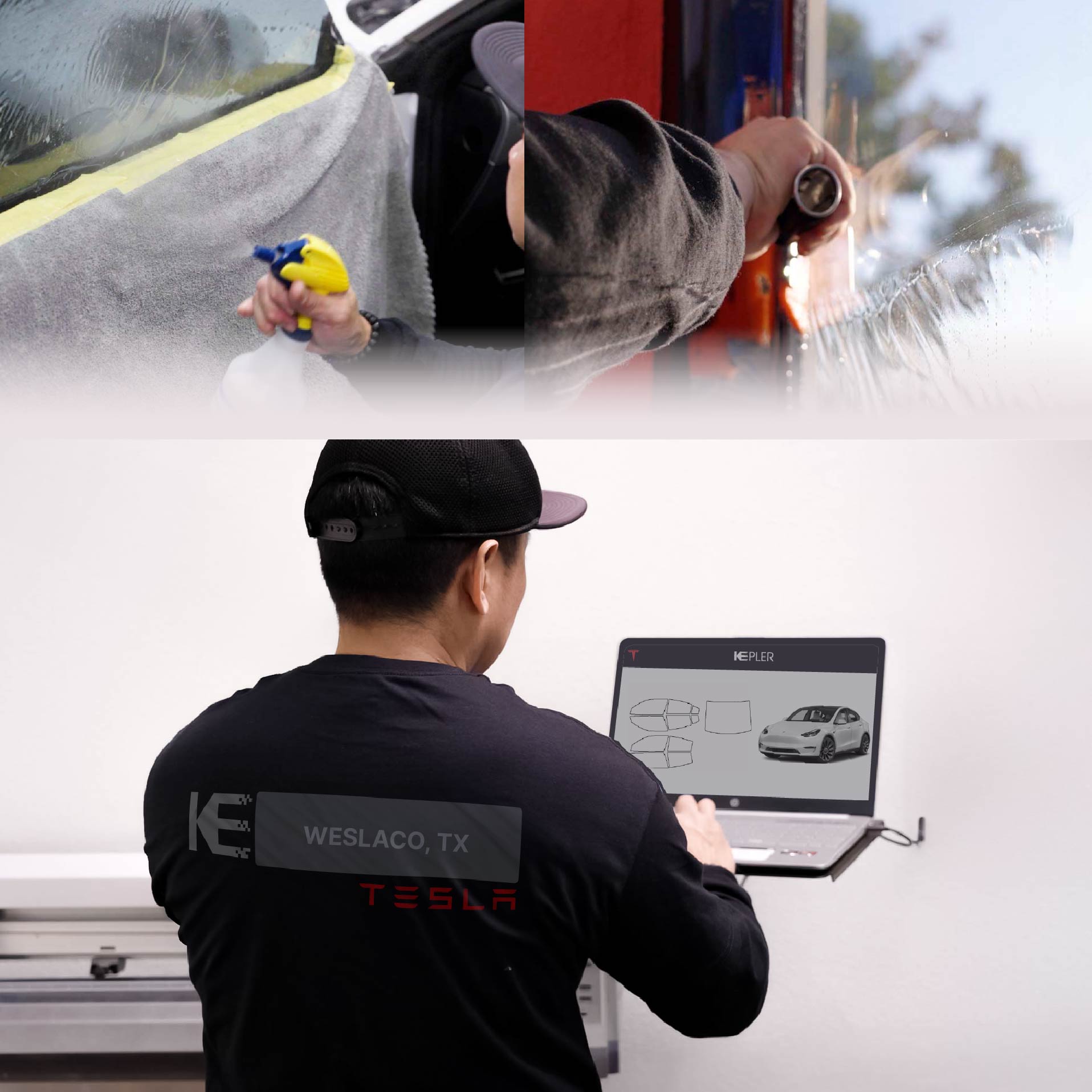 Kepler Technician Fitting Advanced Window Tint to Tesla in Weslaco