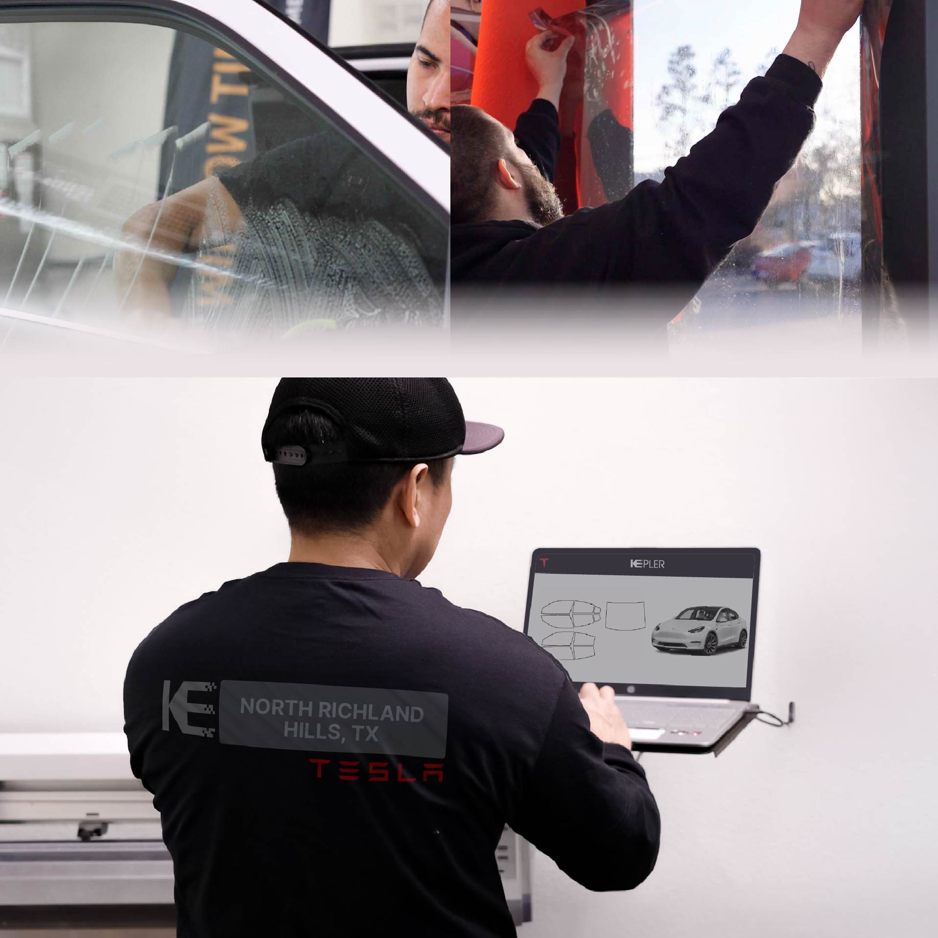 Expert Technician Applying High-tech Window Tint to Tesla in North Richland Hills