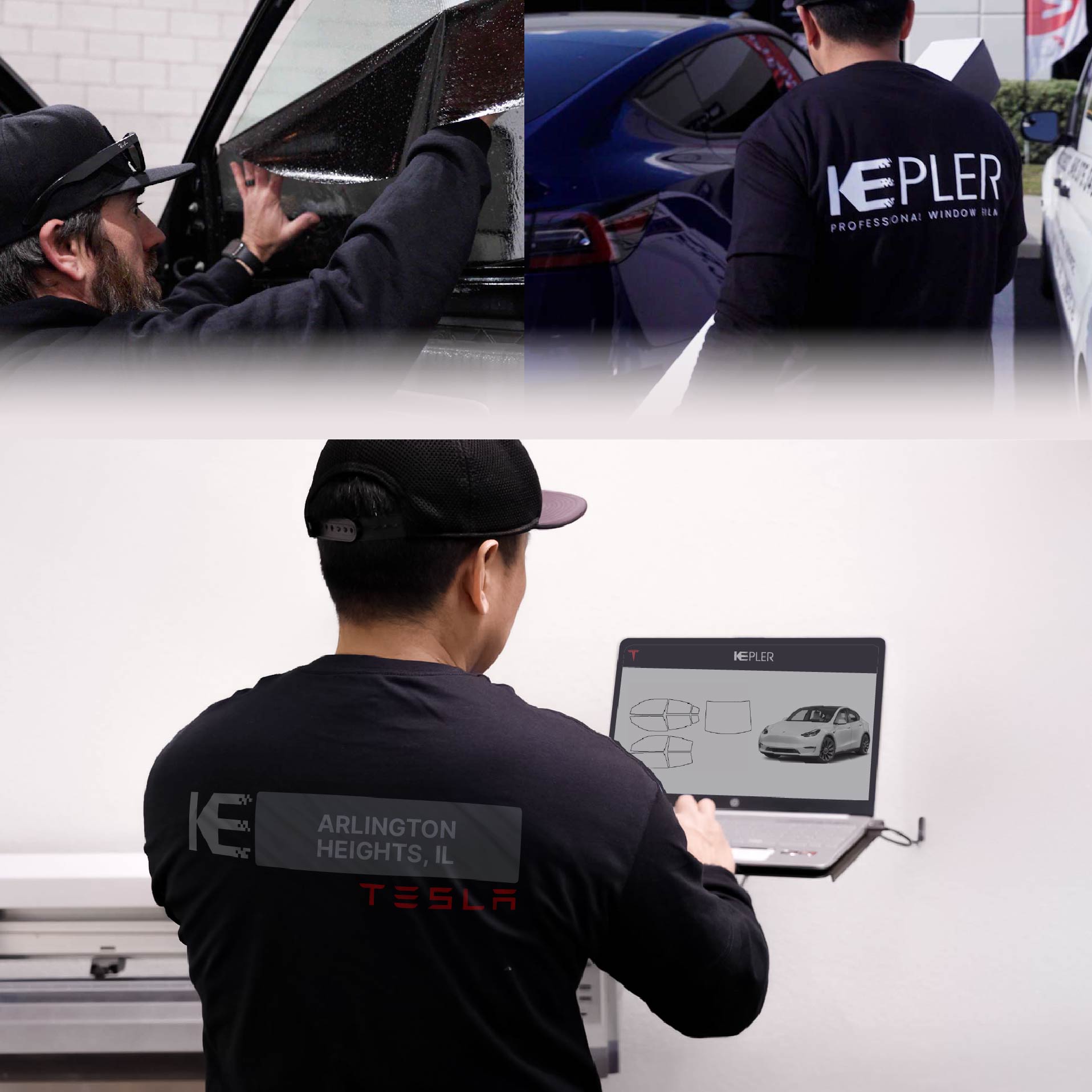 Expert Technician Installing Ceramic Window Tint to Tesla in Arlington Heights