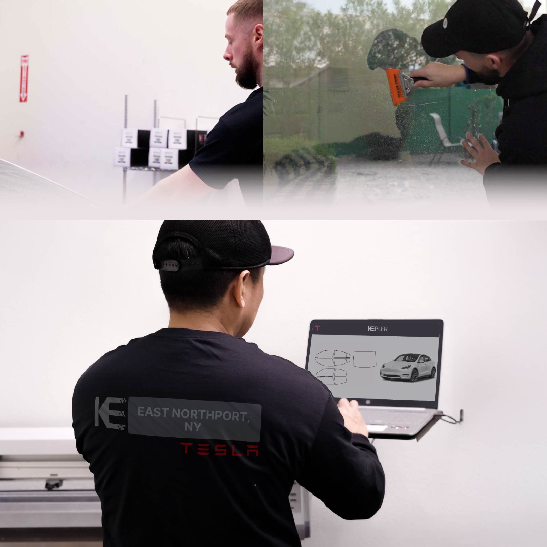 Expert Technician Applying High-tech Window Tint to Tesla in East Northport