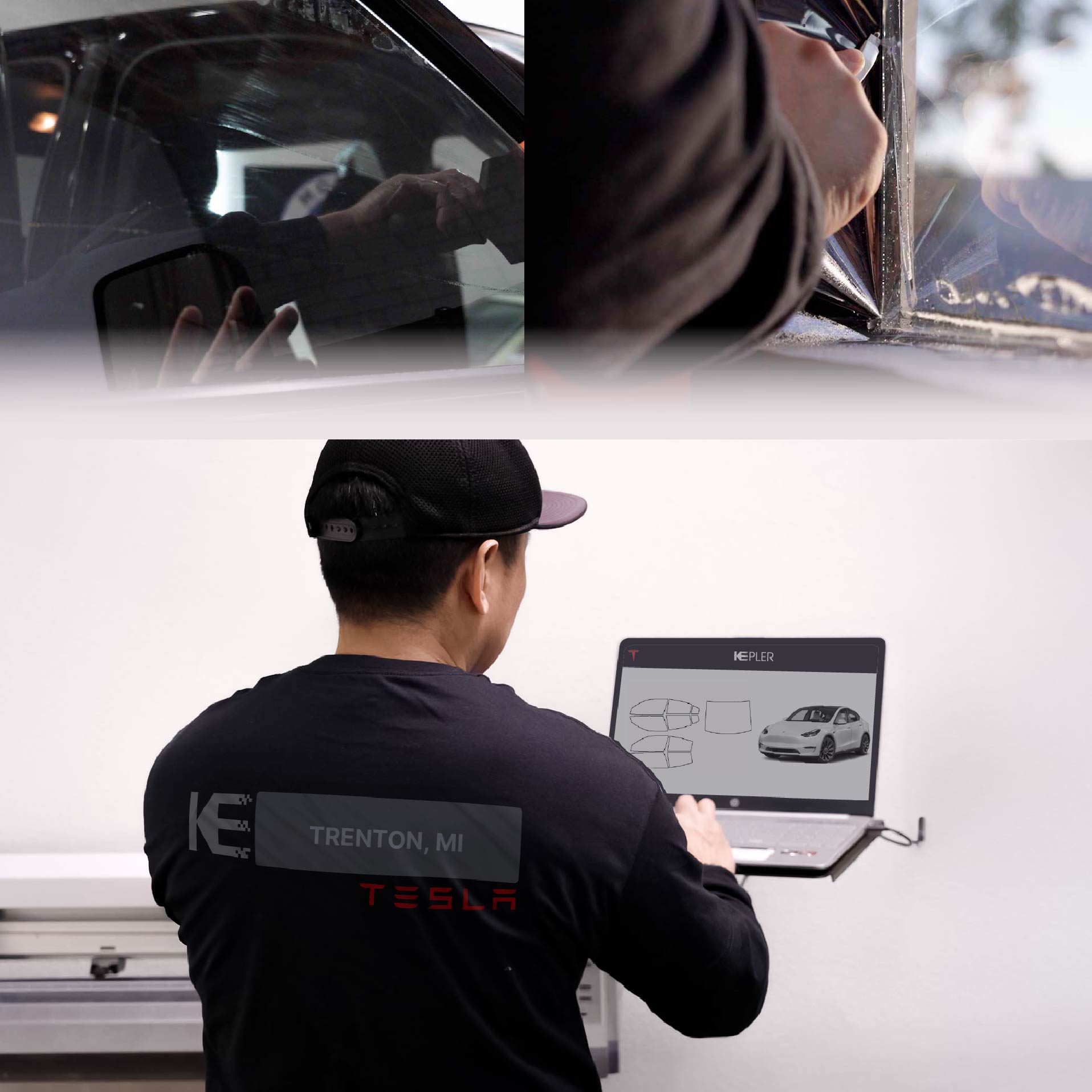 Expert Technician Applying High-tech Window Tint to Tesla in Trenton