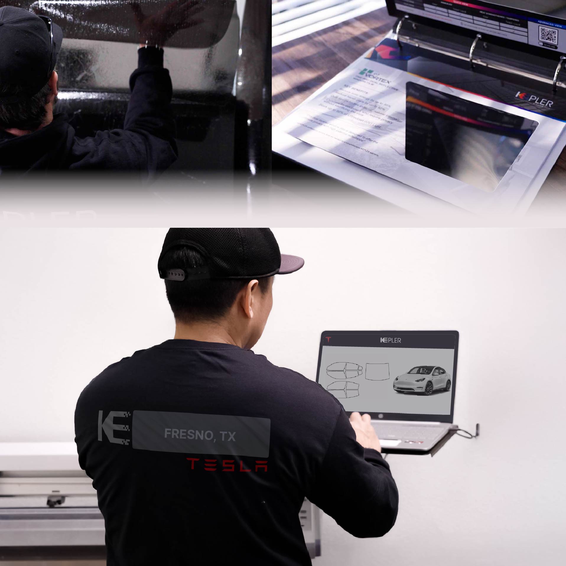 Kepler Technician Fitting Advanced Window Tint to Tesla in Fresno