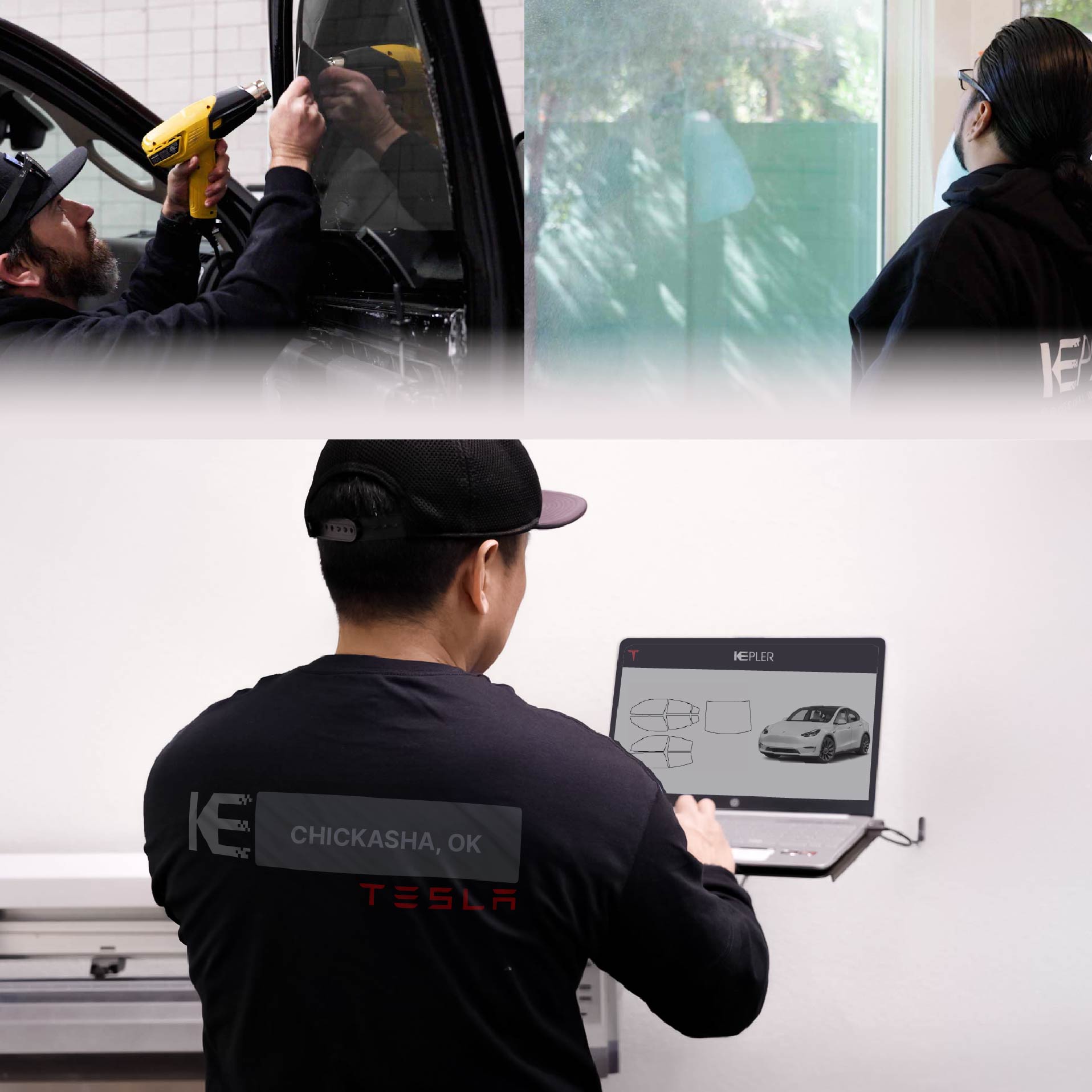 Expert Technician Applying Advanced Window Tint to Tesla in Chickasha