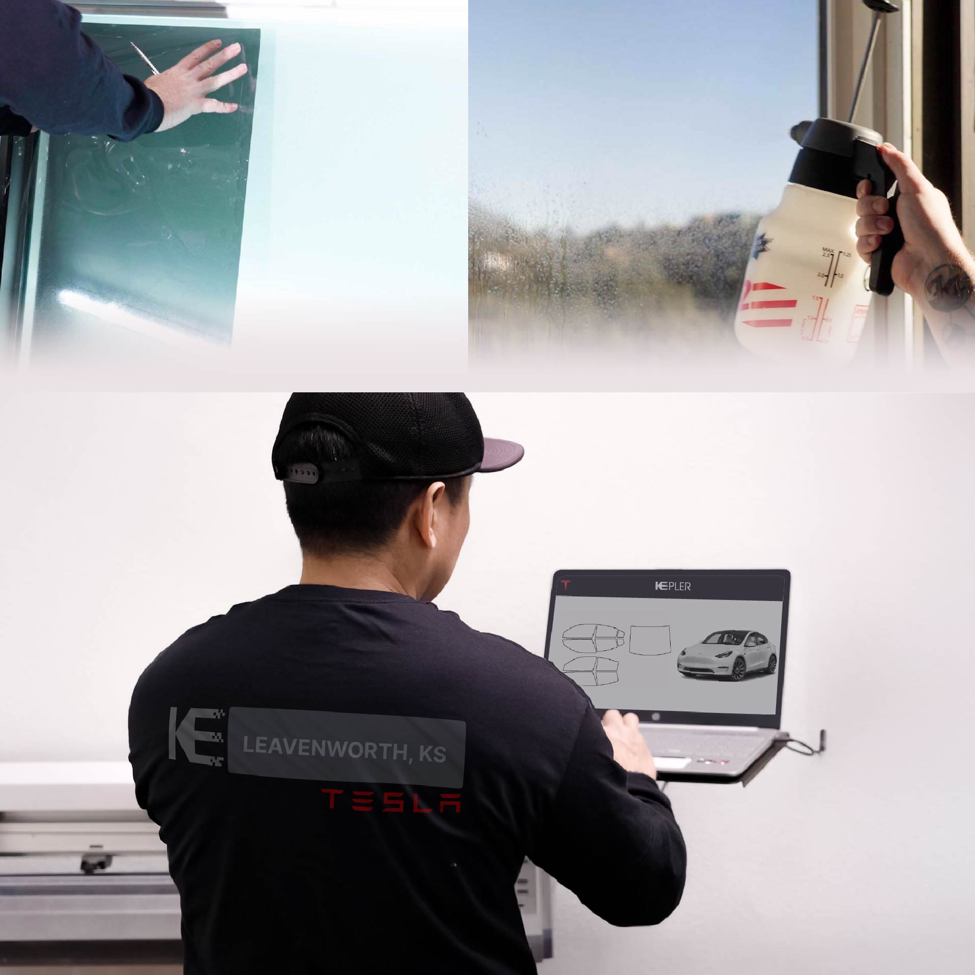 Kepler Technician Fitting High-tech Window Tint to Tesla in Leavenworth