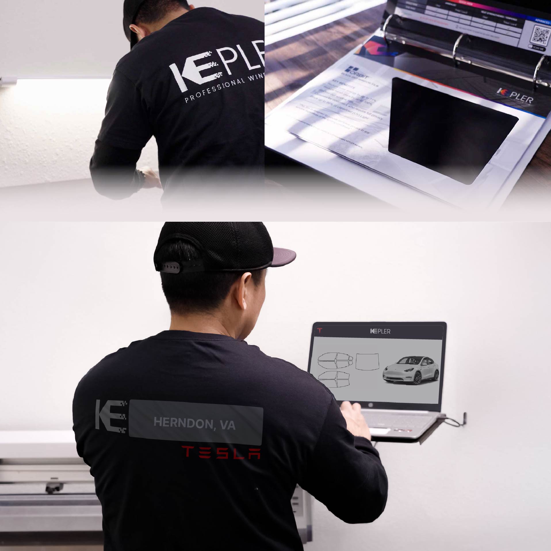 Kepler Technician Installing Ceramic Window Tint to Tesla in Herndon