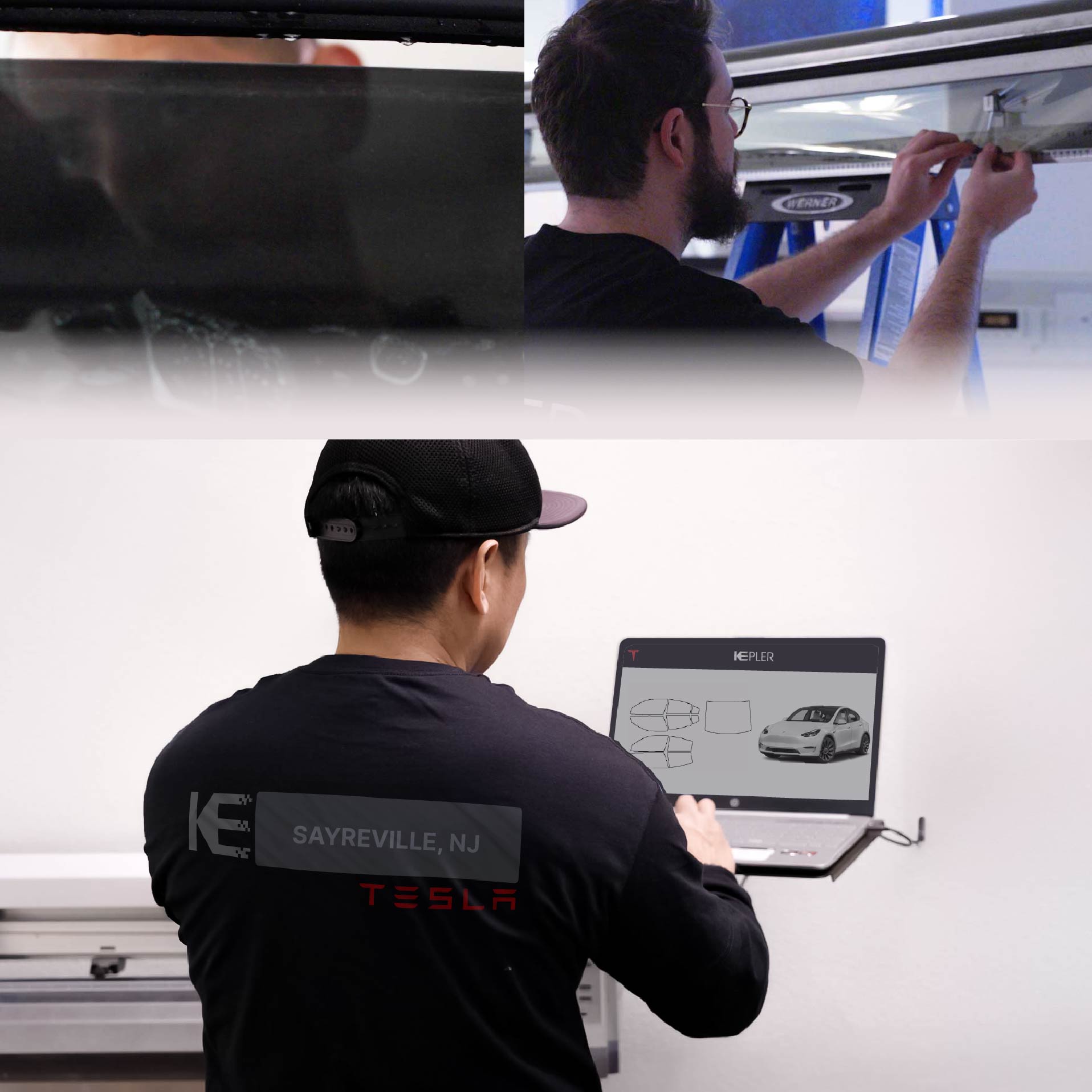 Kepler Technician Applying Ceramic Window Tint to Tesla in Sayreville