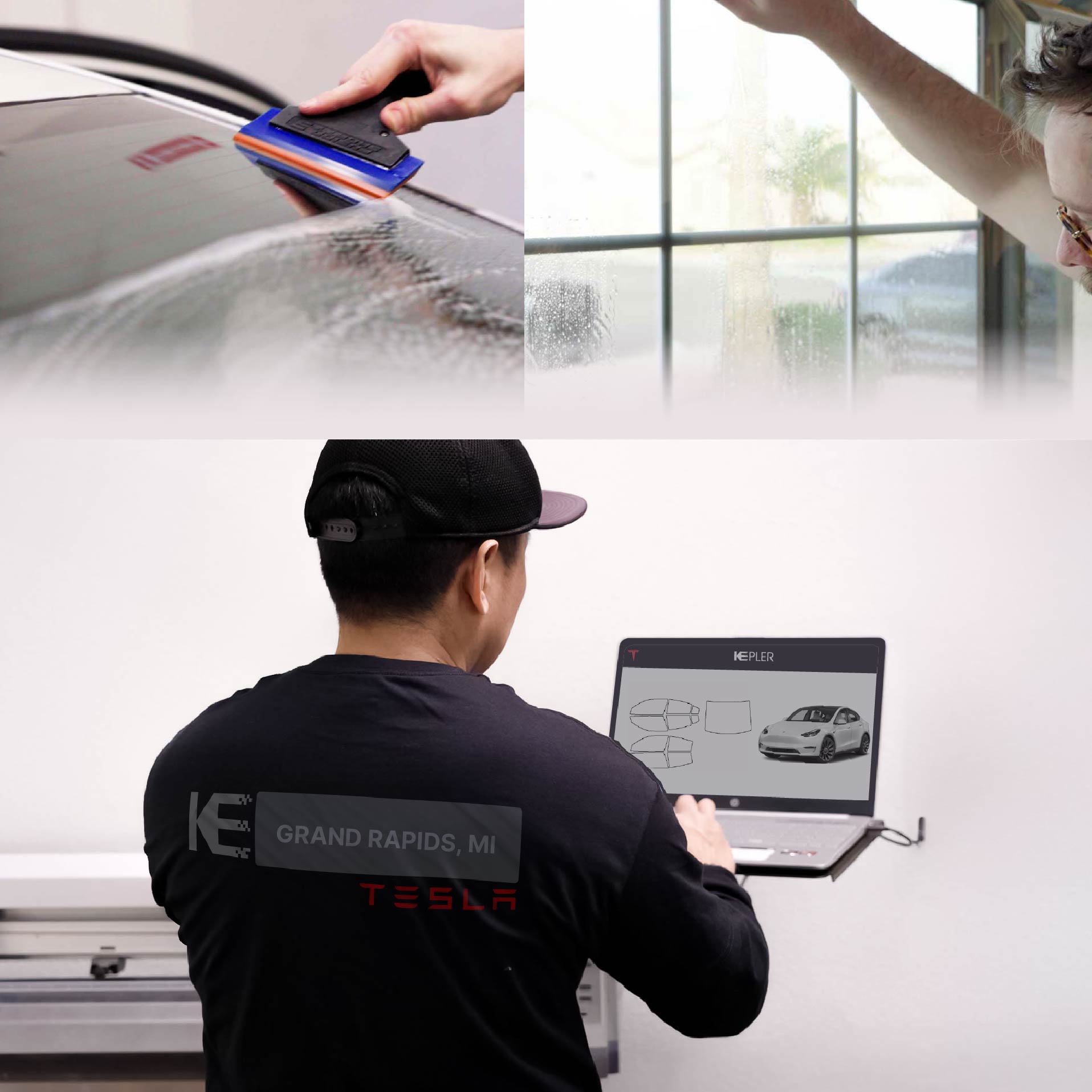 Expert Technician Installing High-tech Window Tint to Tesla in Grand Rapids