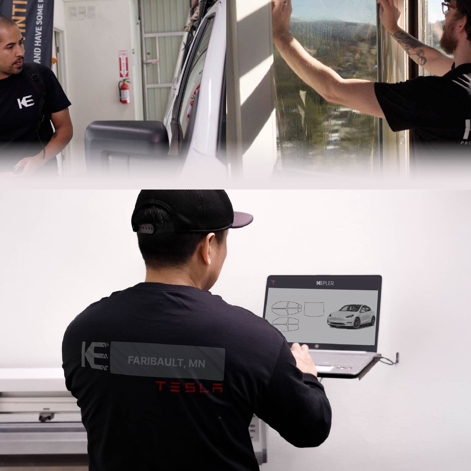 Expert Technician Applying Ceramic Window Tint to Tesla in Faribault