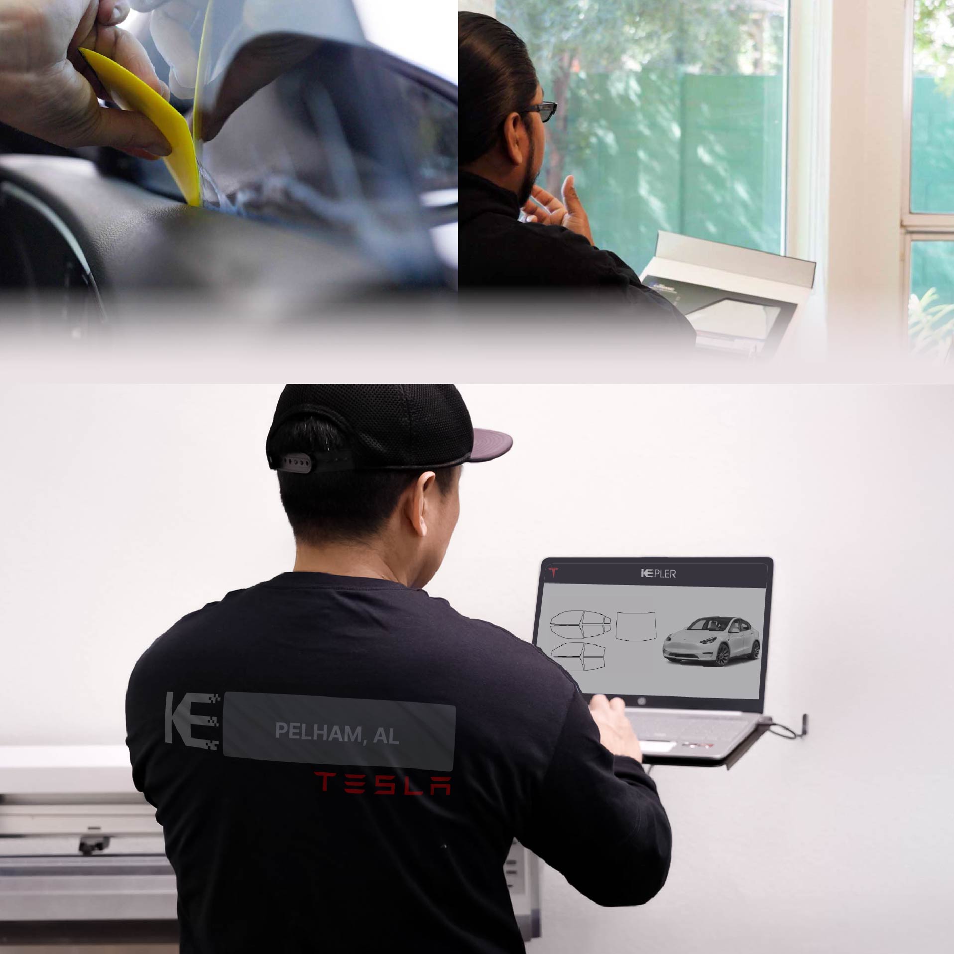 Expert Technician Applying Advanced Window Tint to Tesla in Pelham