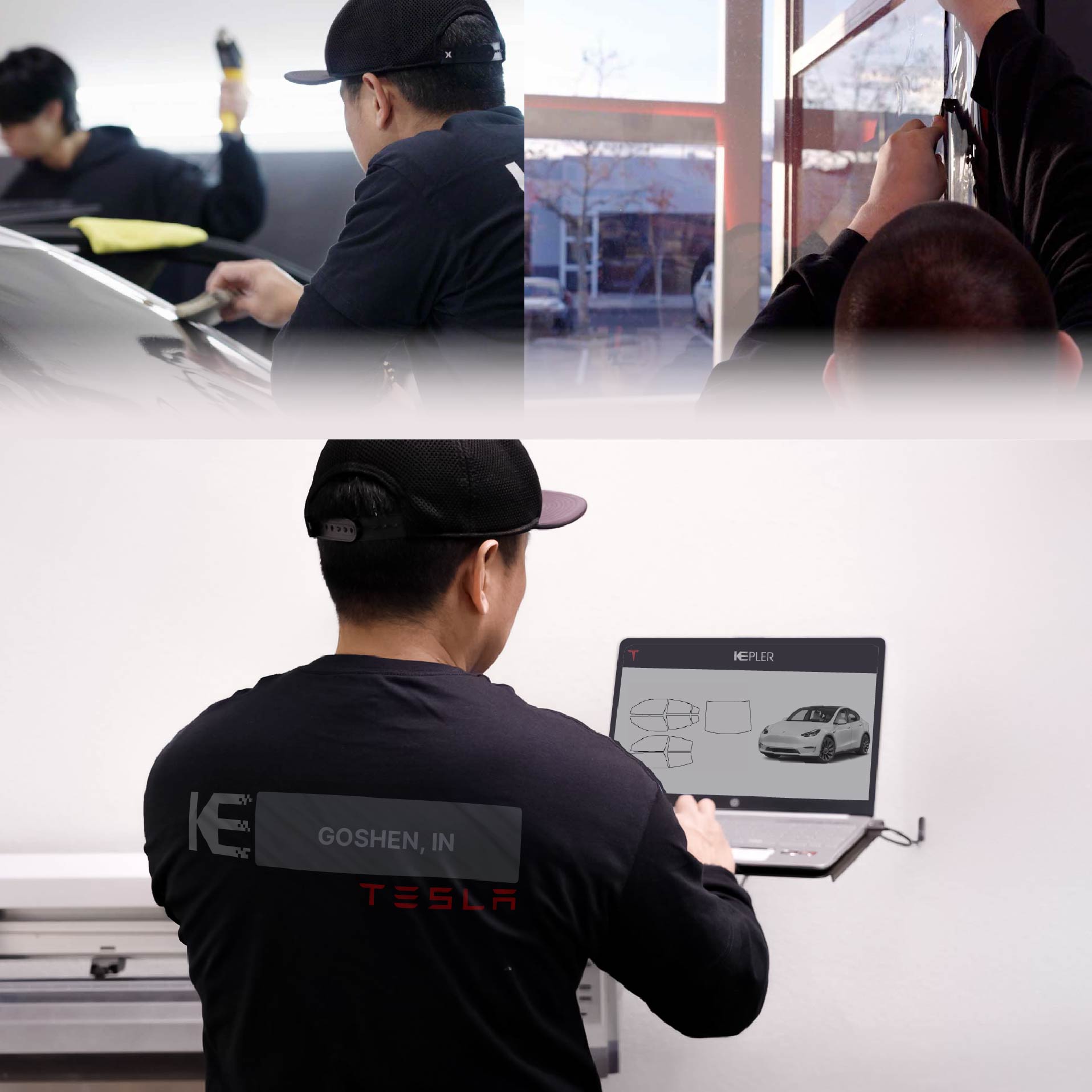 Kepler Technician Fitting Ceramic Window Tint to Tesla in Goshen
