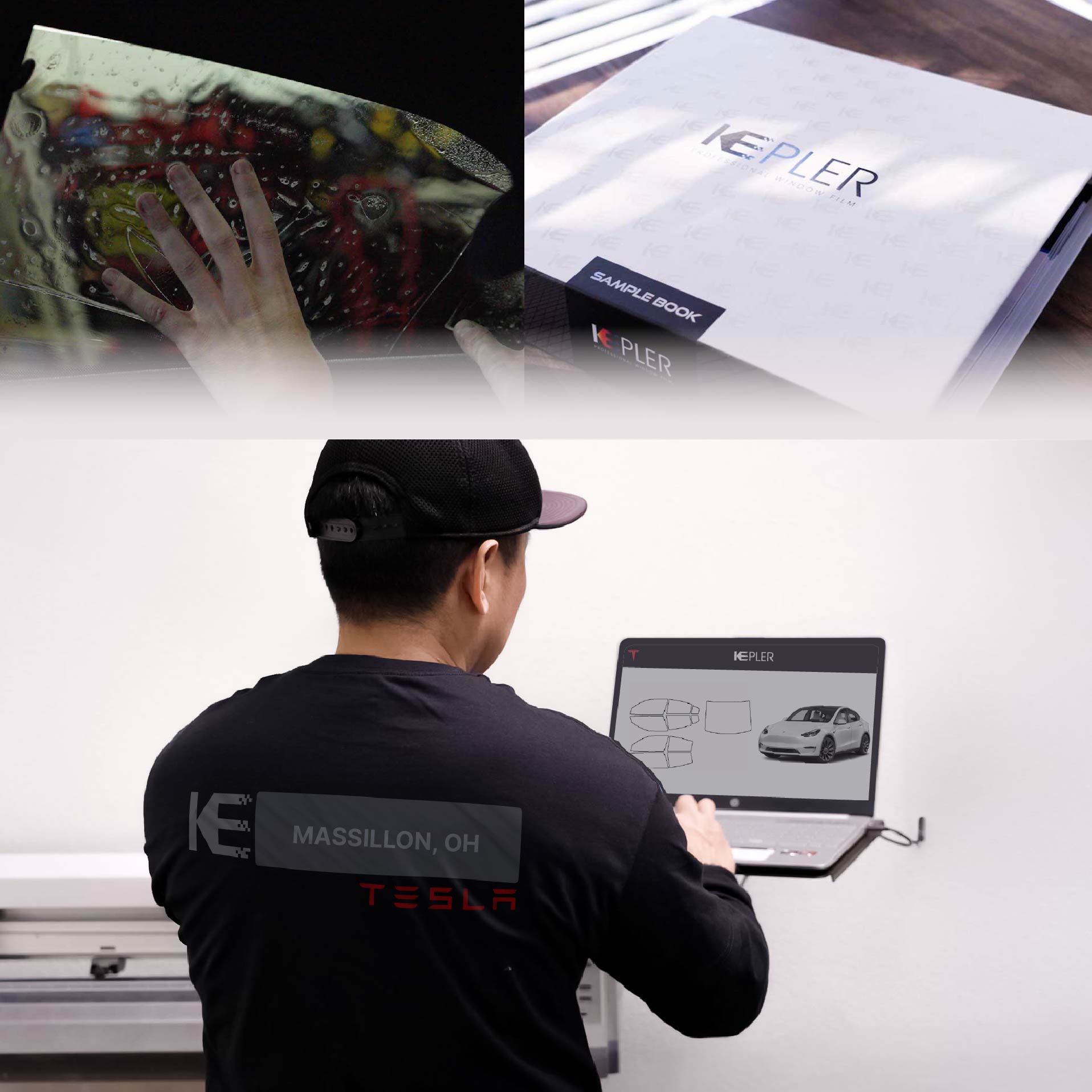 Kepler Technician Fitting Advanced Window Tint to Tesla in Massillon