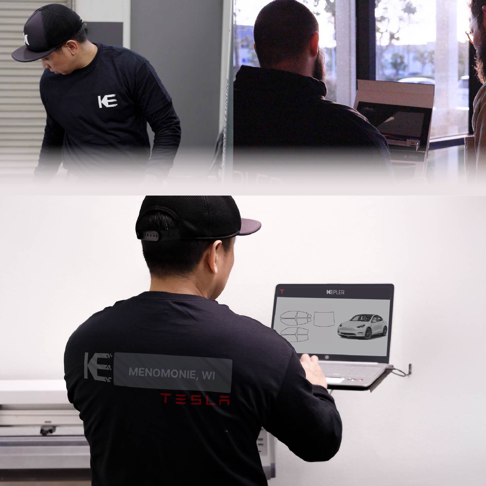 Kepler Technician Installing Ceramic Window Tint to Tesla in Menomonie