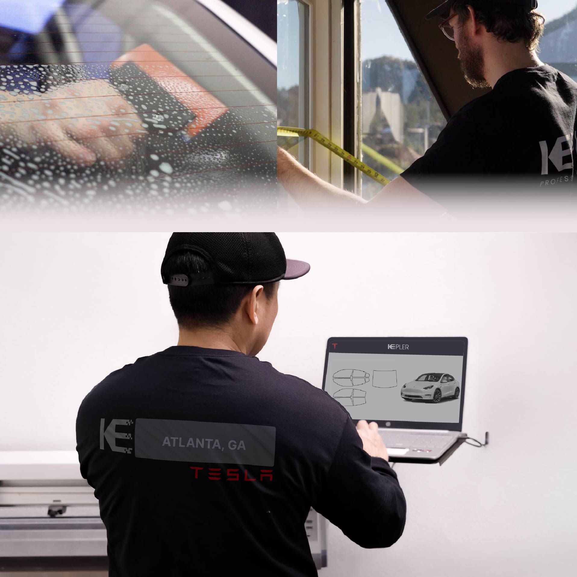 Expert Technician Applying Ceramic Window Tint to Tesla in Atlanta