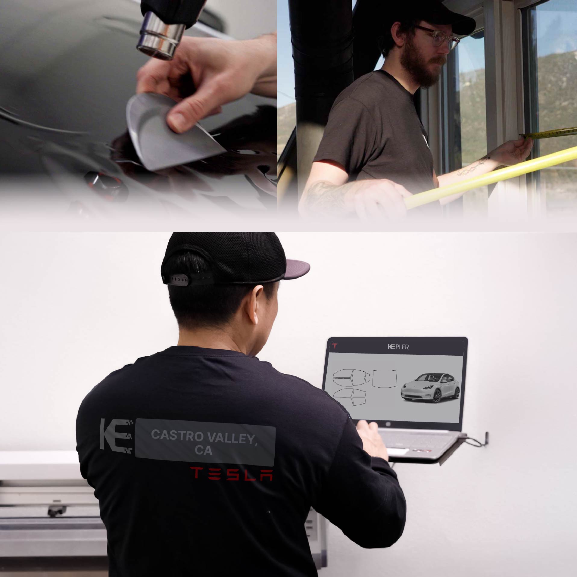 Kepler Technician Fitting Ceramic Window Tint to Tesla in Castro Valley