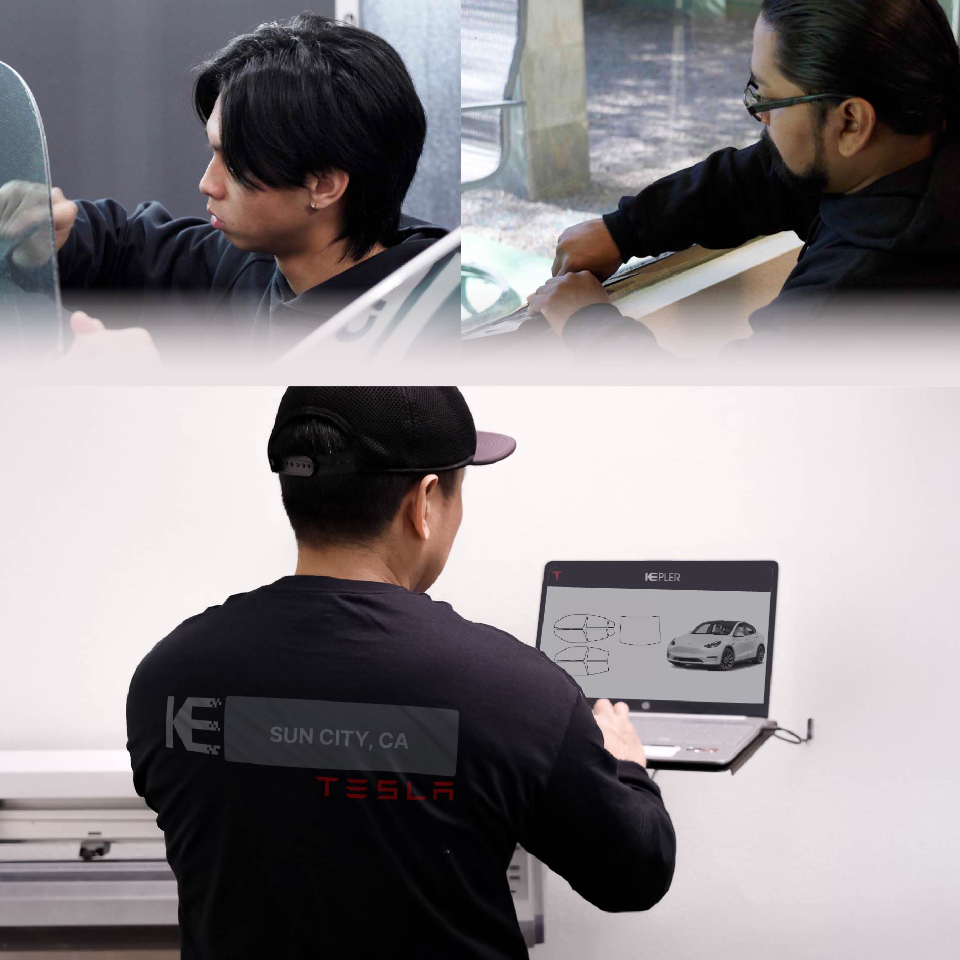 Expert Technician Fitting Advanced Window Tint to Tesla in Sun City