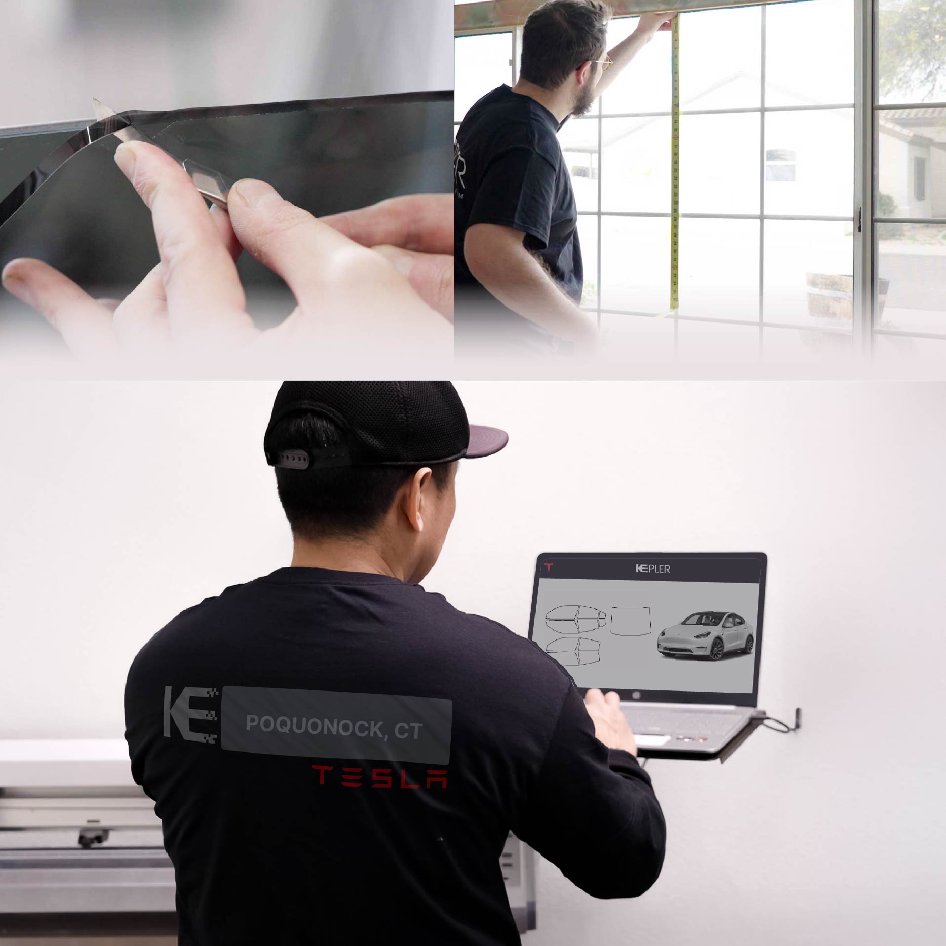 Kepler Technician Installing Ceramic Window Tint to Tesla in Poquonock