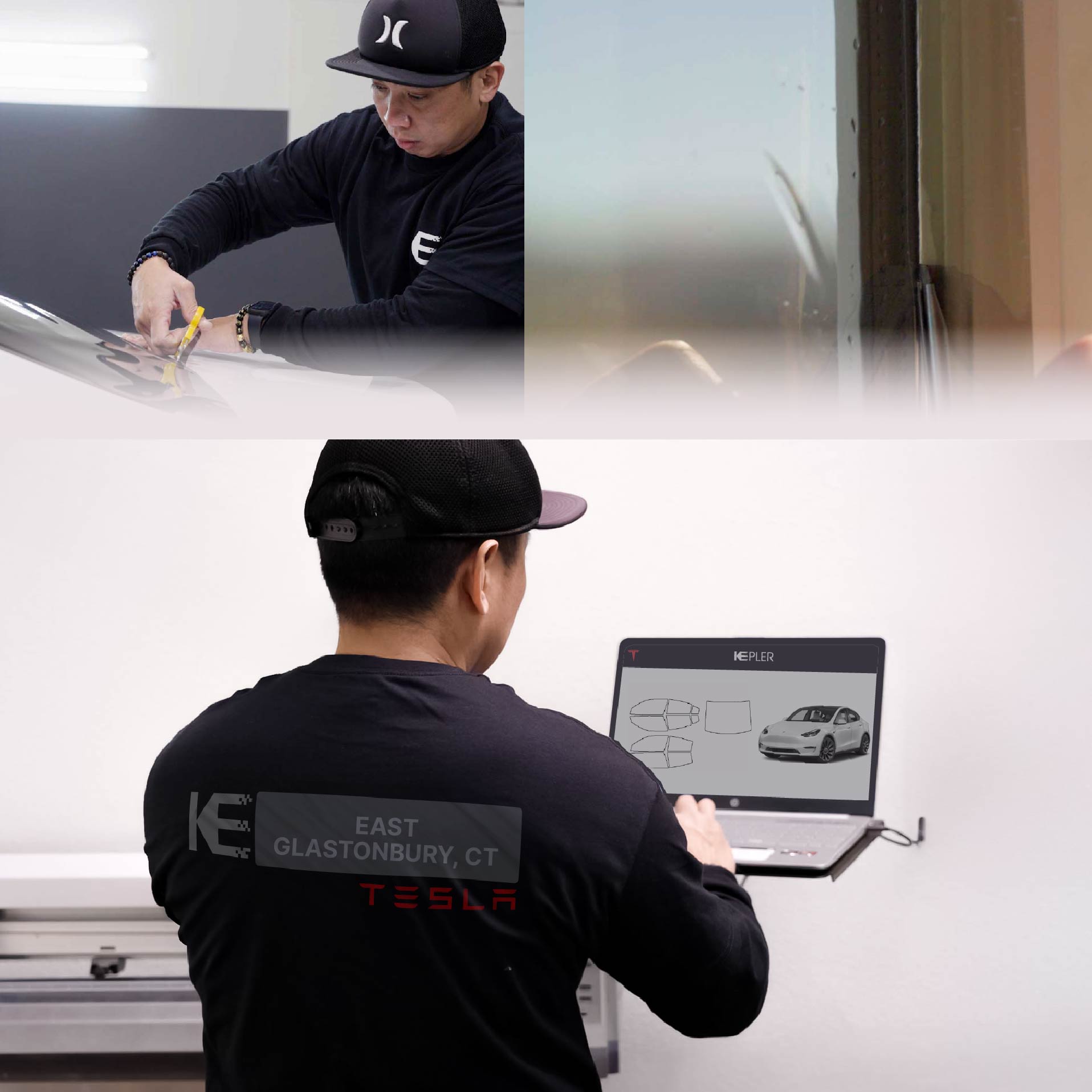 Expert Technician Applying Advanced Window Tint to Tesla in East Glastonbury