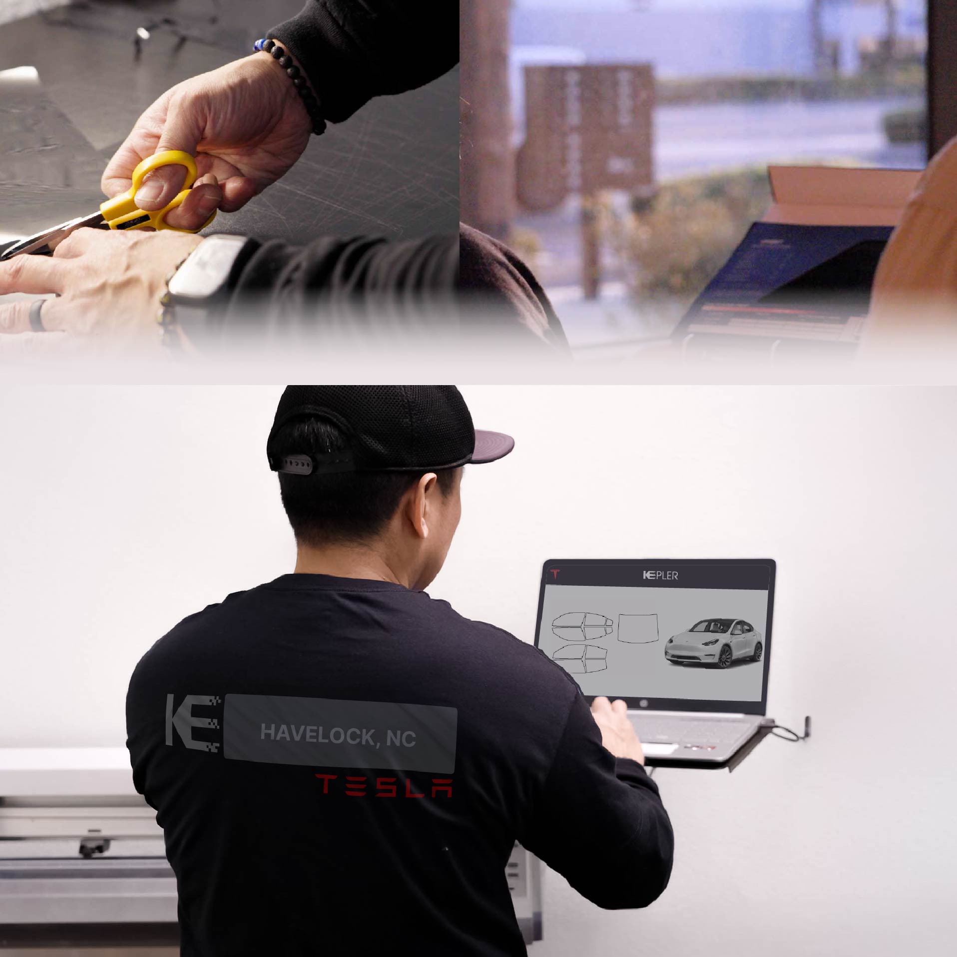 Kepler Technician Installing High-tech Window Tint to Tesla in Havelock
