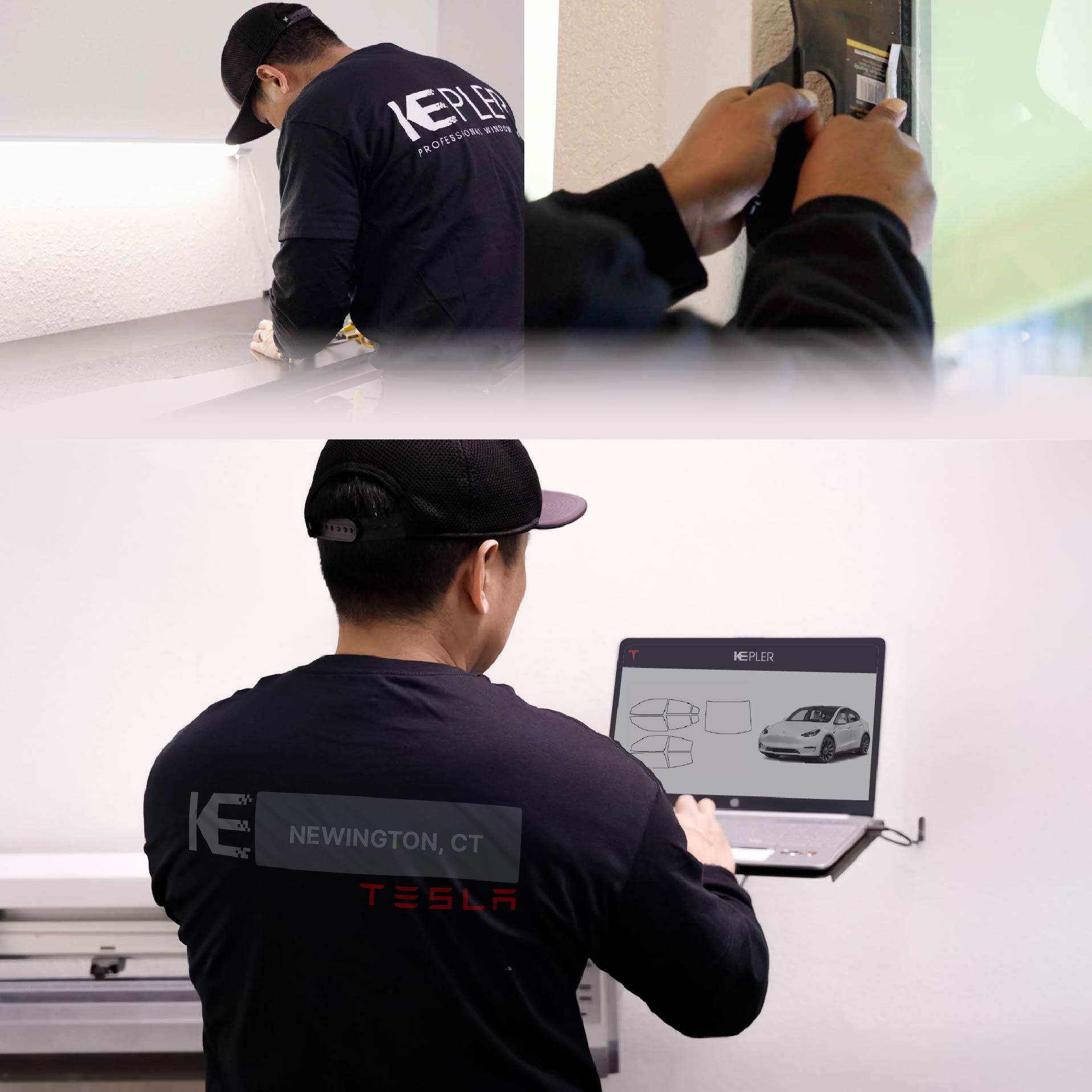 Kepler Technician Applying High-tech Window Tint to Tesla in Newington