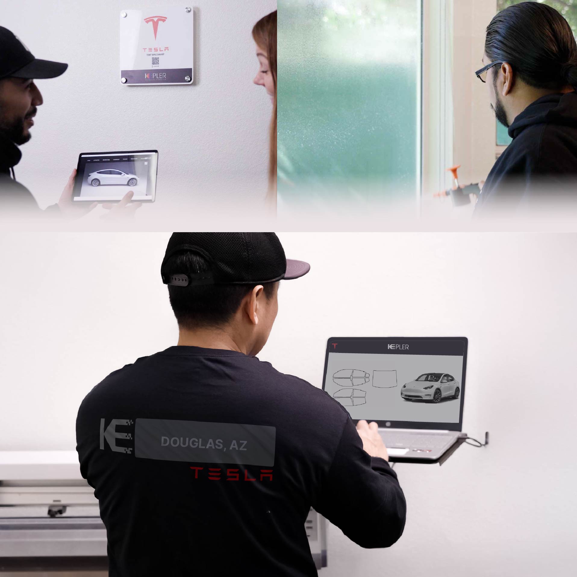 Kepler Technician Applying Advanced Window Tint to Tesla in Douglas