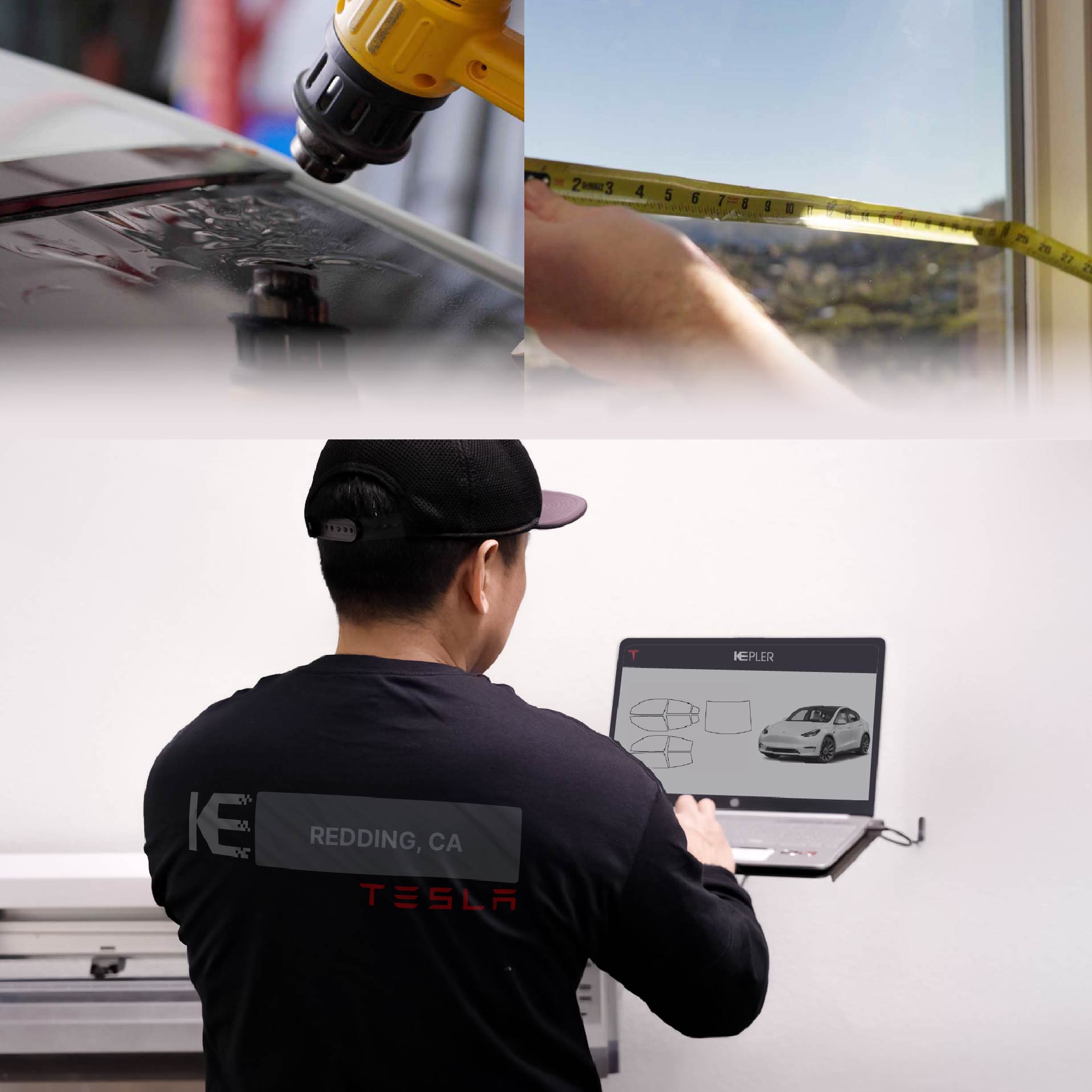 Expert Technician Fitting Ceramic Window Tint to Tesla in Redding
