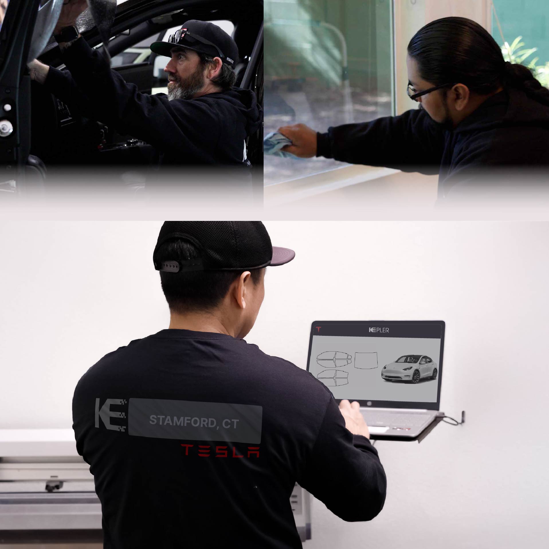 Kepler Technician Fitting High-tech Window Tint to Tesla in Stamford