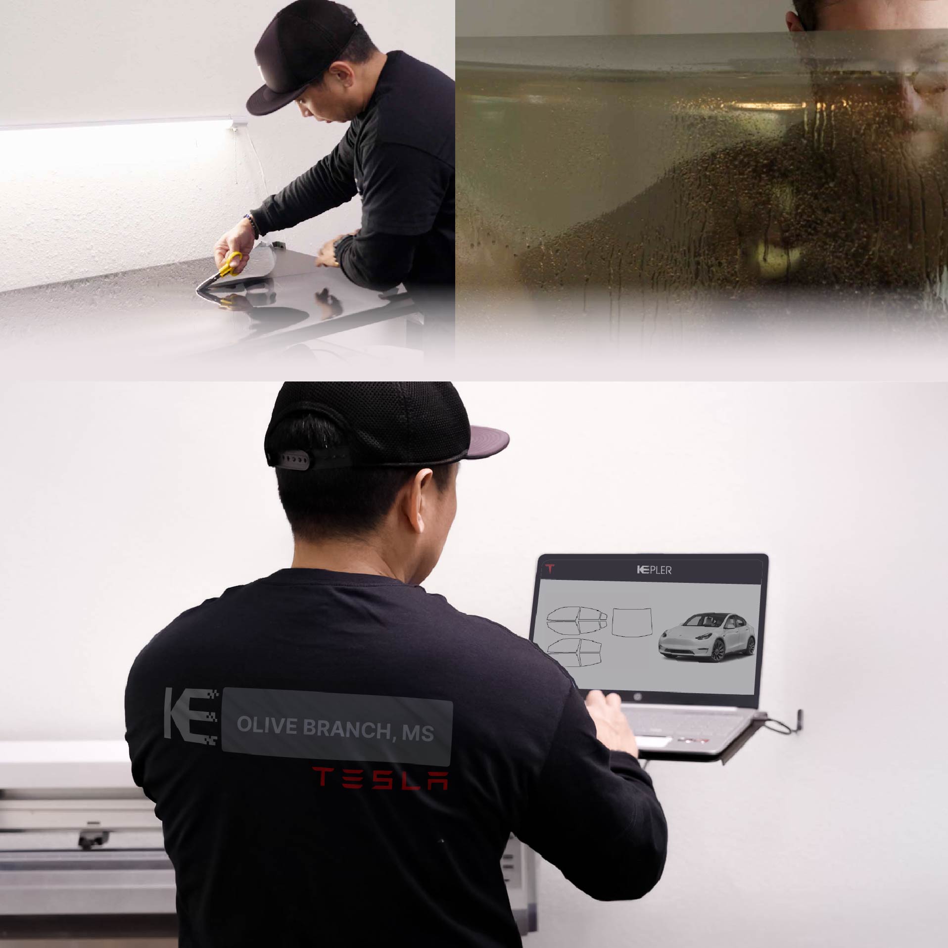 Expert Technician Fitting High-tech Window Tint to Tesla in Olive Branch