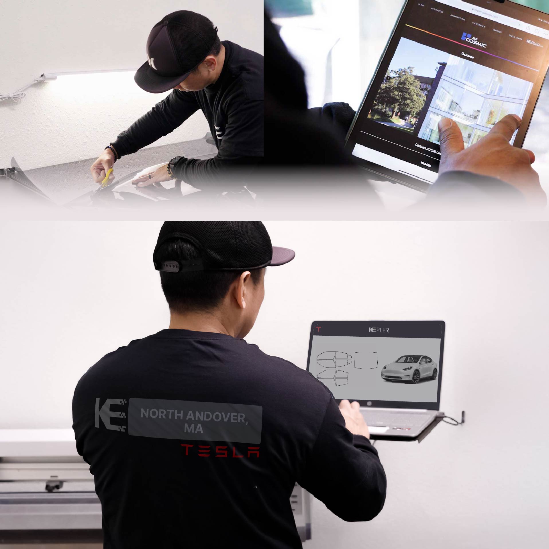 Kepler Technician Installing High-tech Window Tint to Tesla in North Andover
