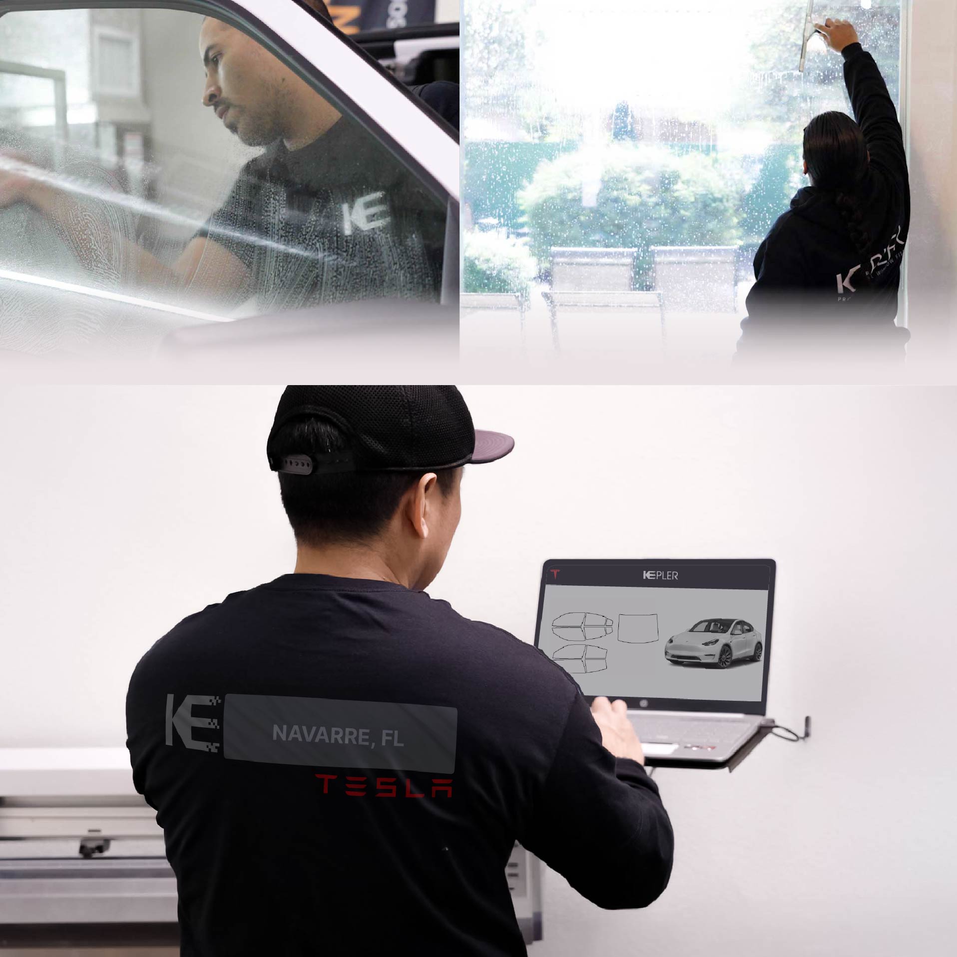 Kepler Technician Installing Advanced Window Tint to Tesla in Navarre