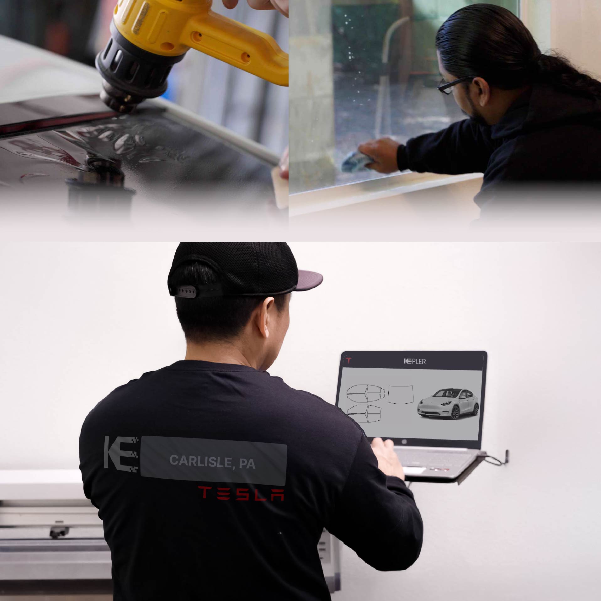 Expert Technician Applying High-tech Window Tint to Tesla in Carlisle