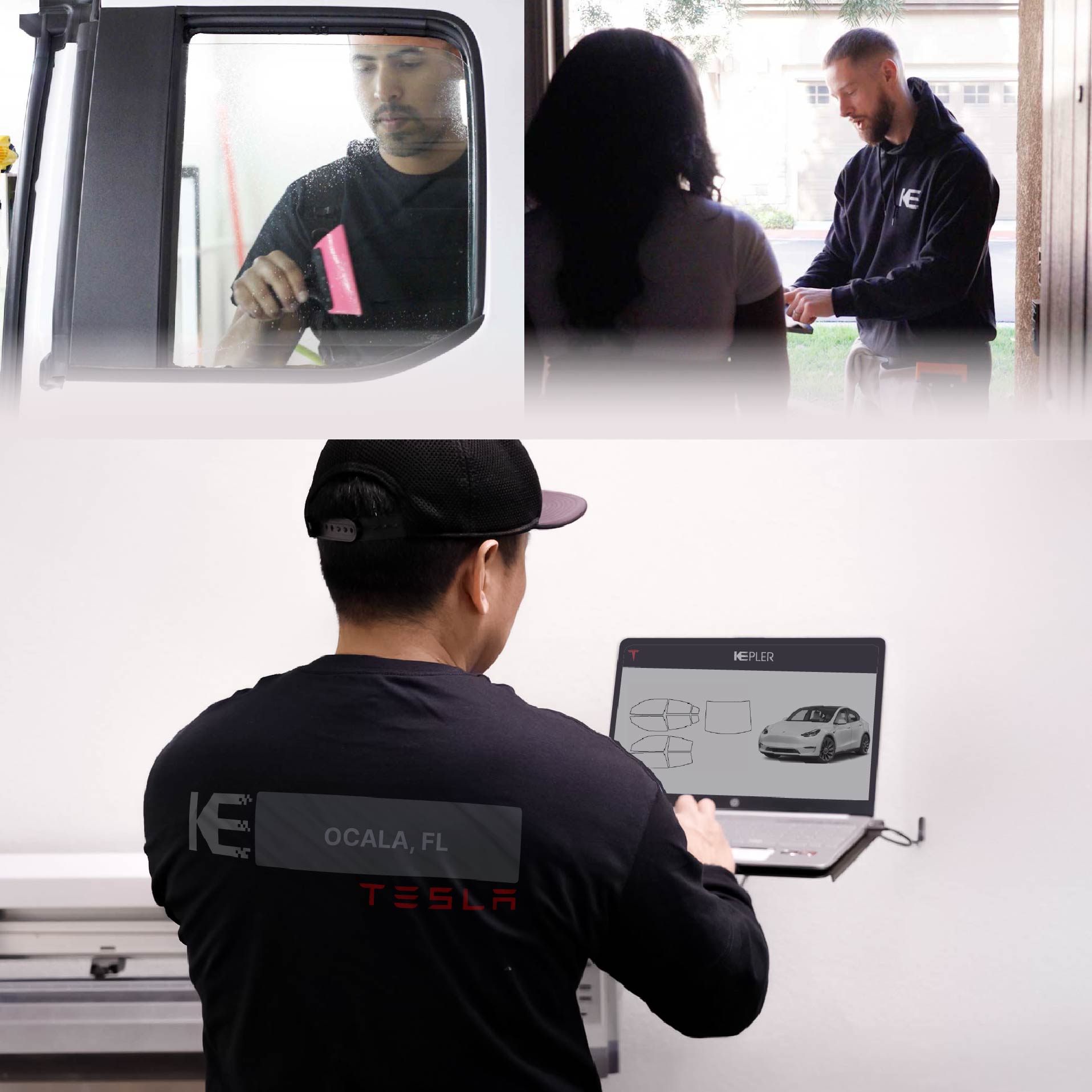 Kepler Technician Applying Advanced Window Tint to Tesla in Ocala