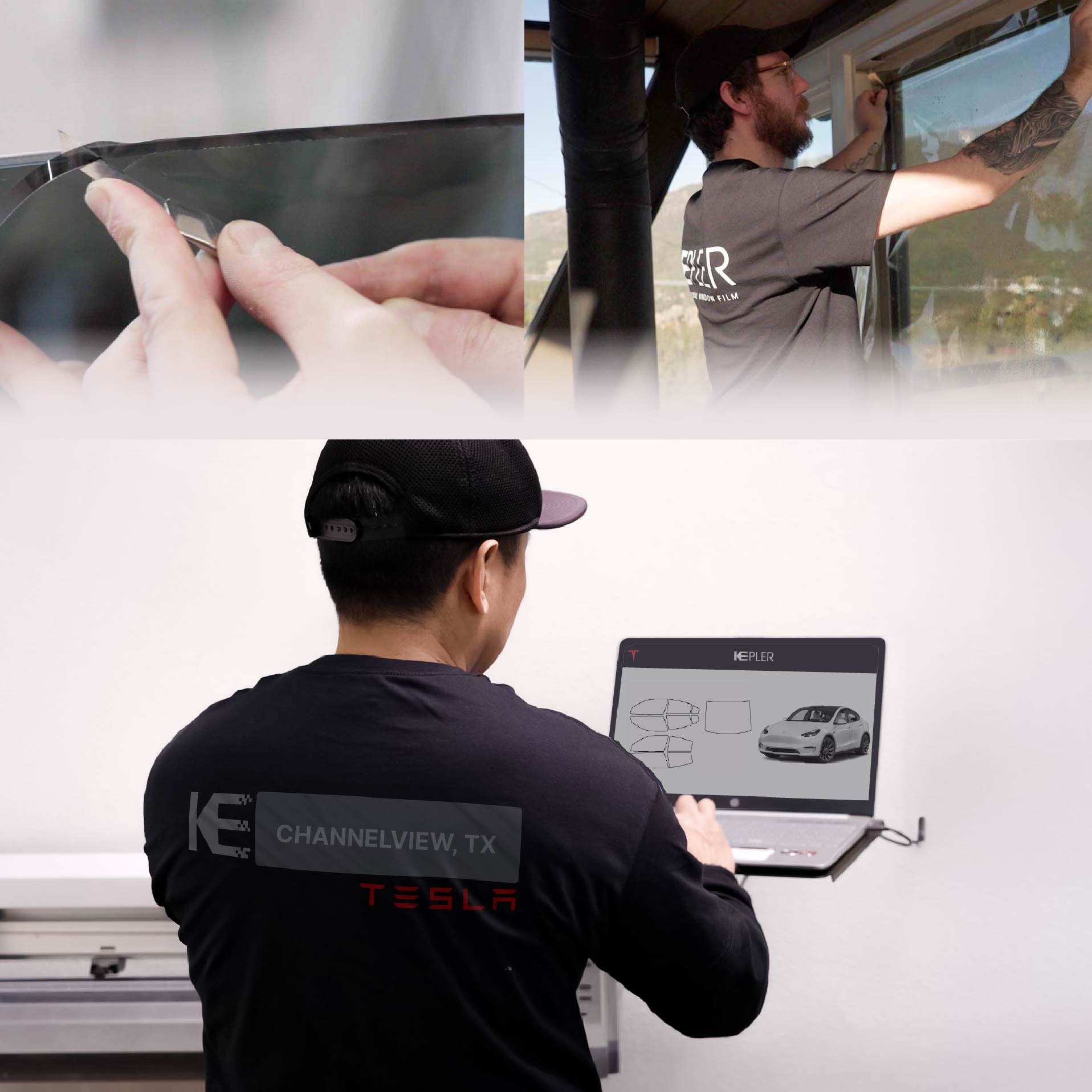 Kepler Technician Installing Advanced Window Tint to Tesla in Channelview
