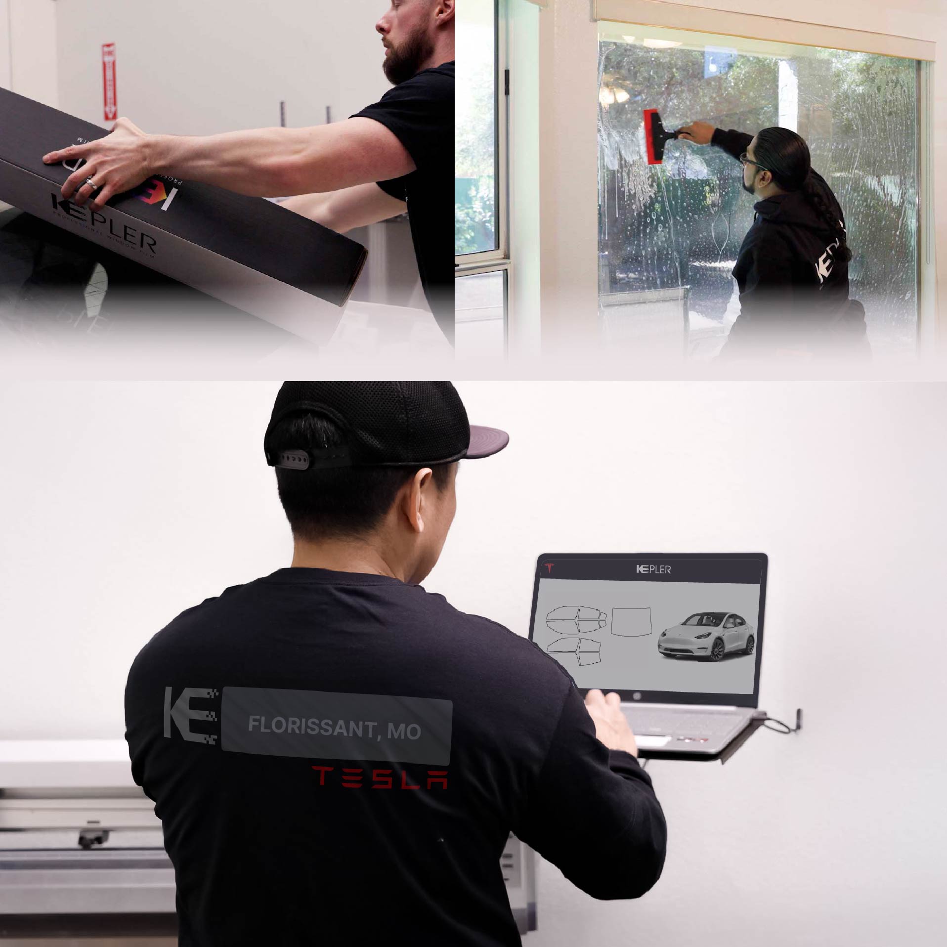 Expert Technician Applying Ceramic Window Tint to Tesla in Florissant
