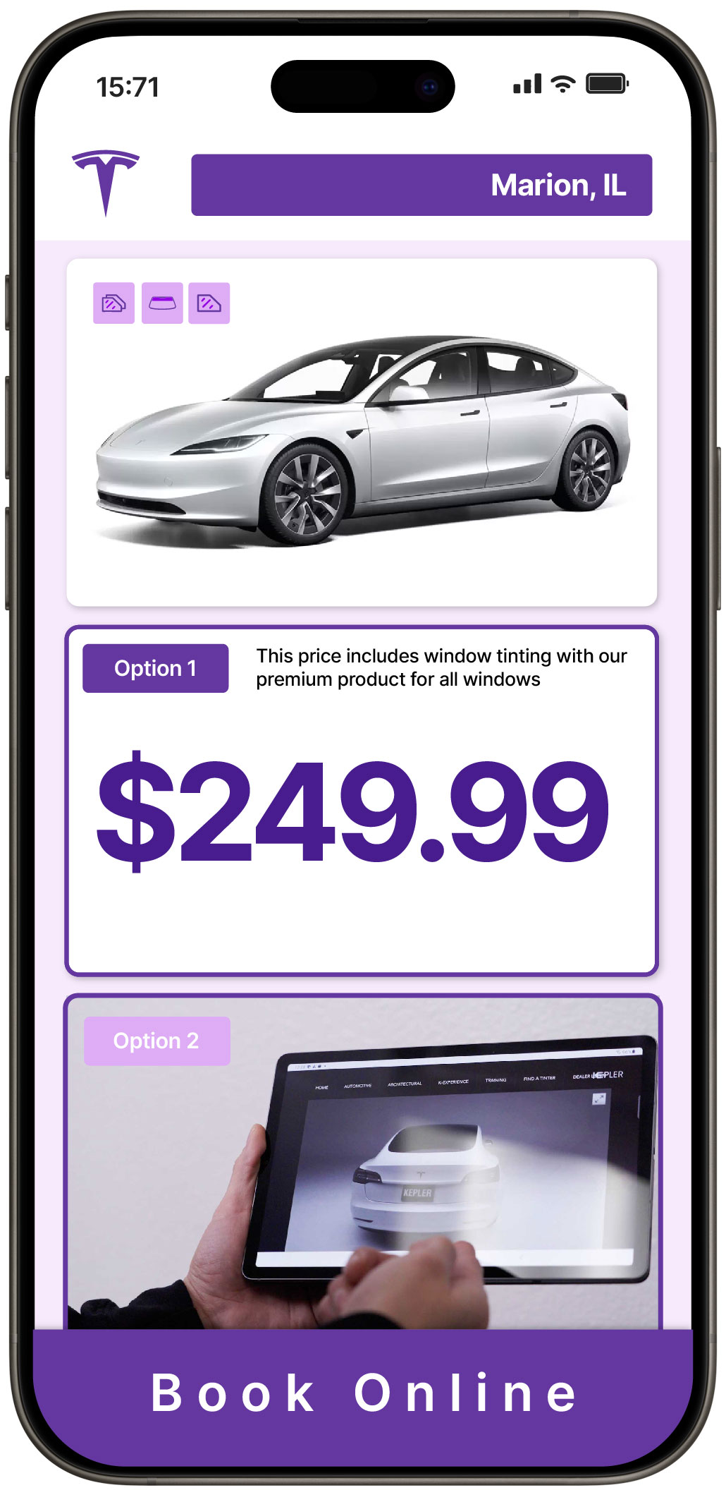 View Reasonable Tesla Window Tinting Prices in Marion, Illinois