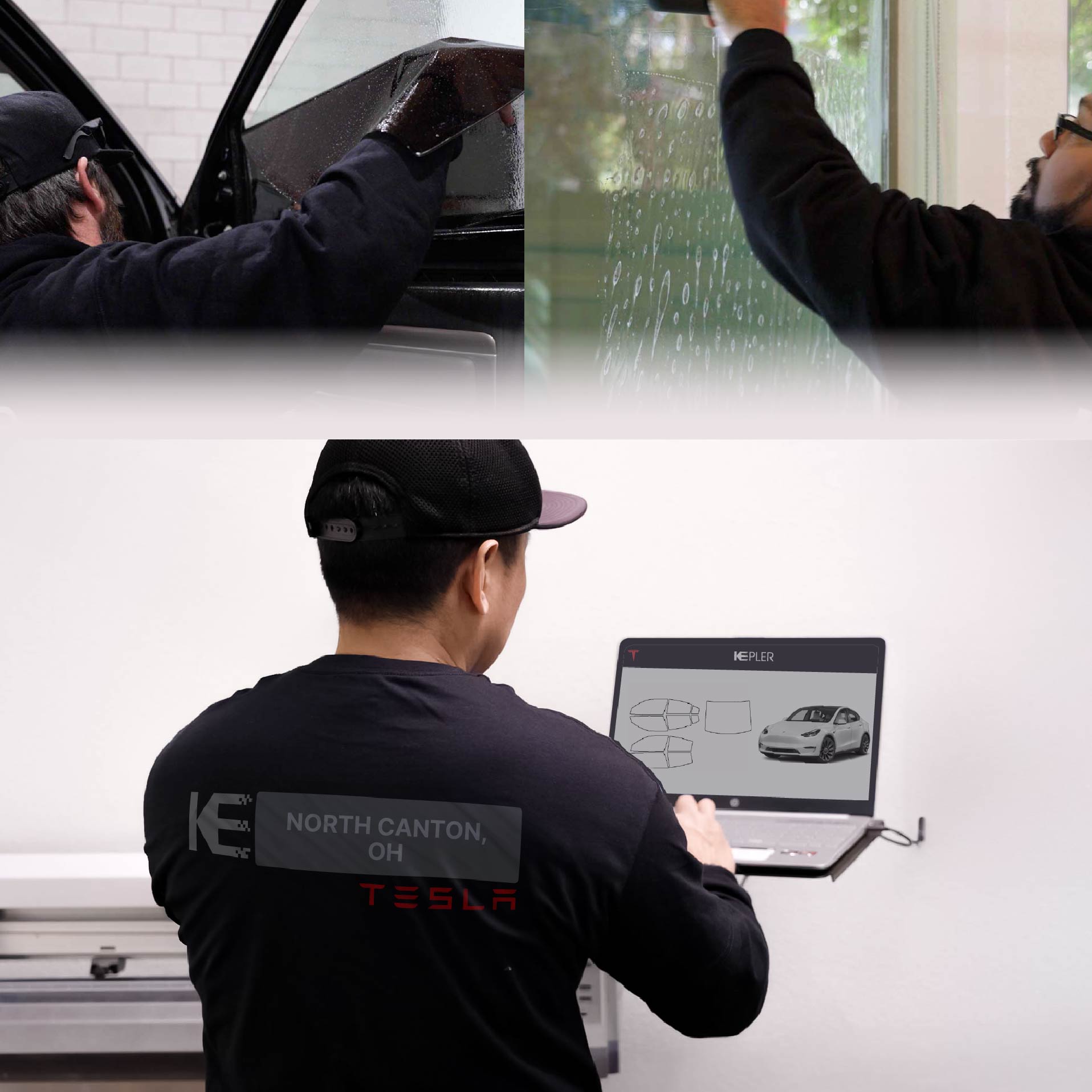 Kepler Technician Applying Ceramic Window Tint to Tesla in North Canton