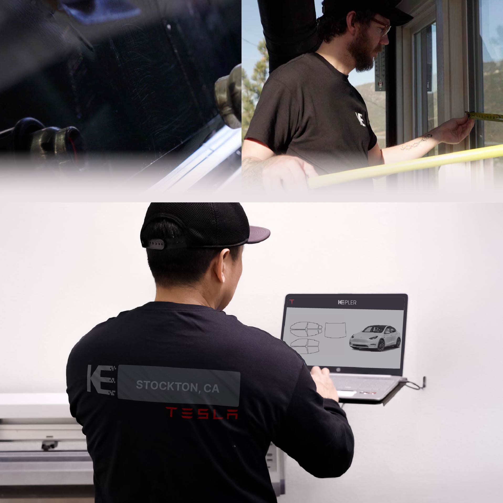 Kepler Technician Fitting Advanced Window Tint to Tesla in Stockton