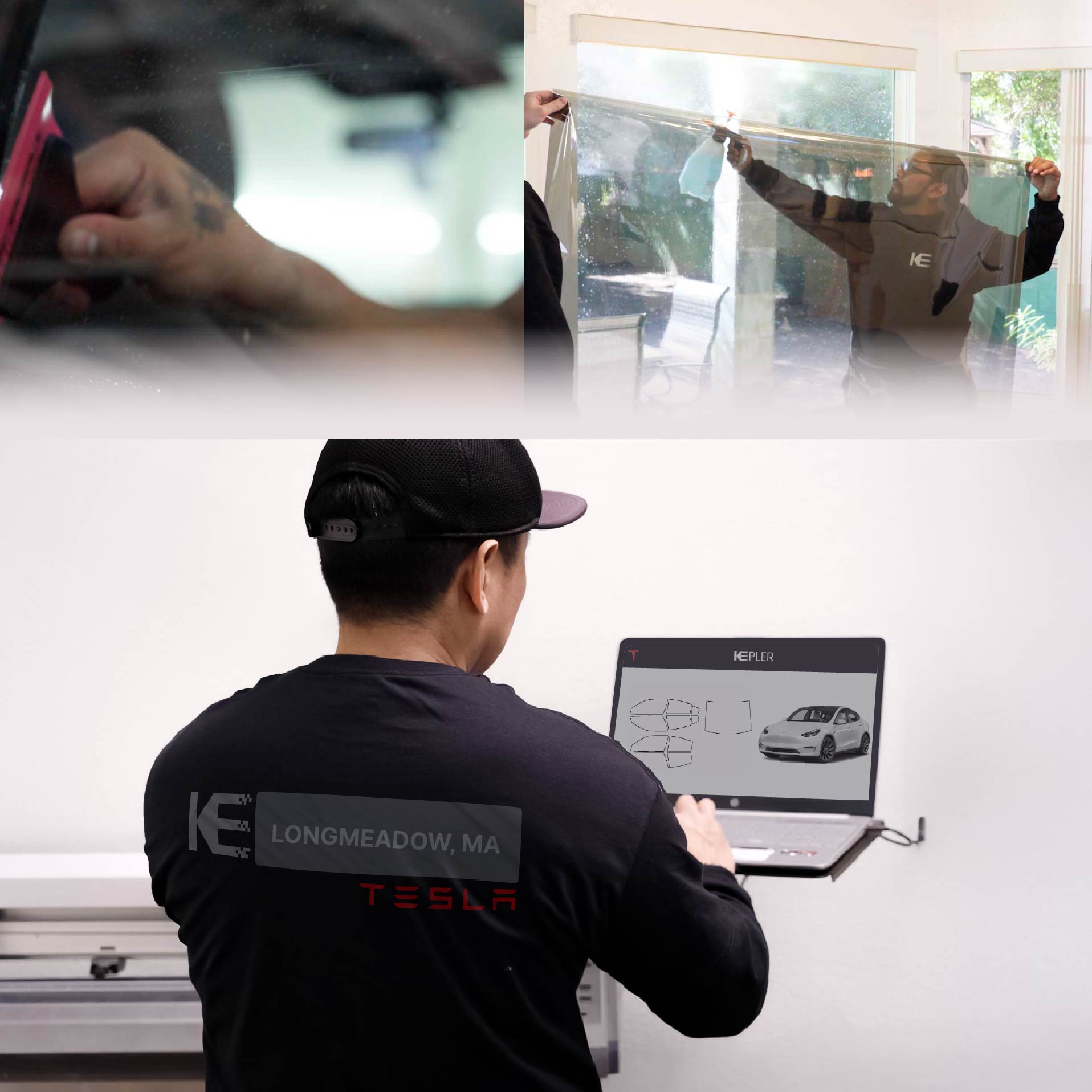 Kepler Technician Installing Ceramic Window Tint to Tesla in Longmeadow